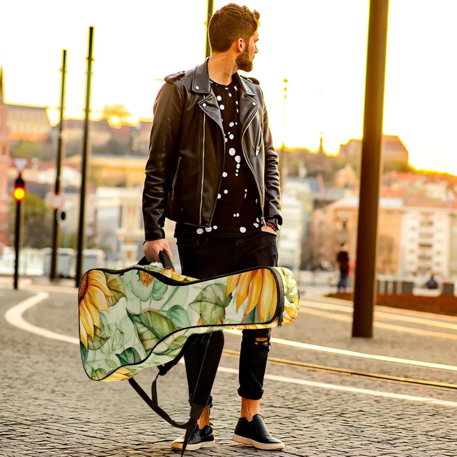 40 41 42 Inch Guitar Bags, Waterproof Padded Acoustic Guitar Case Backpack with Adjustable Shoulder Strap & Pockets, Seamless Watercolor Yellow Sunflowers