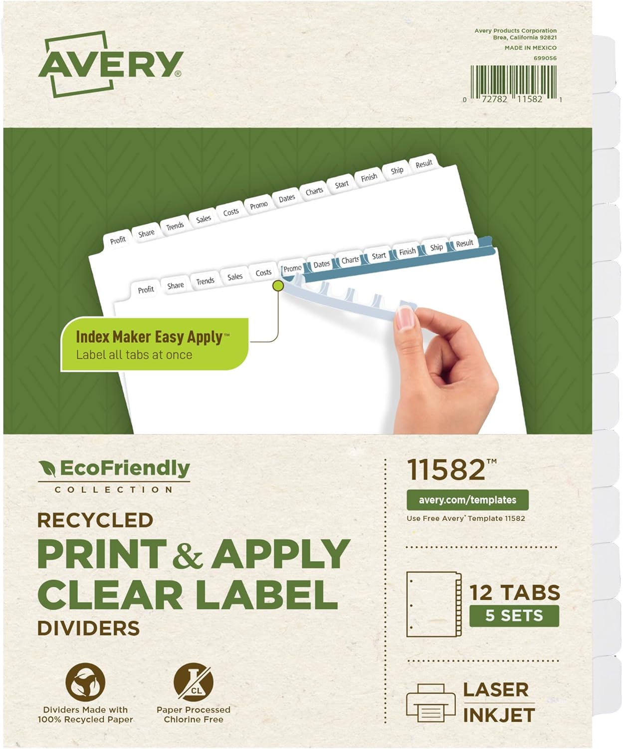 Avery EcoFriendly Recycled Dividers for 3 Ring Binders, 12-Tab, White Tabs, Index Maker Print and Apply Clear Label Strip, 5 Sets for 60 Binder Dividers Total (11582)