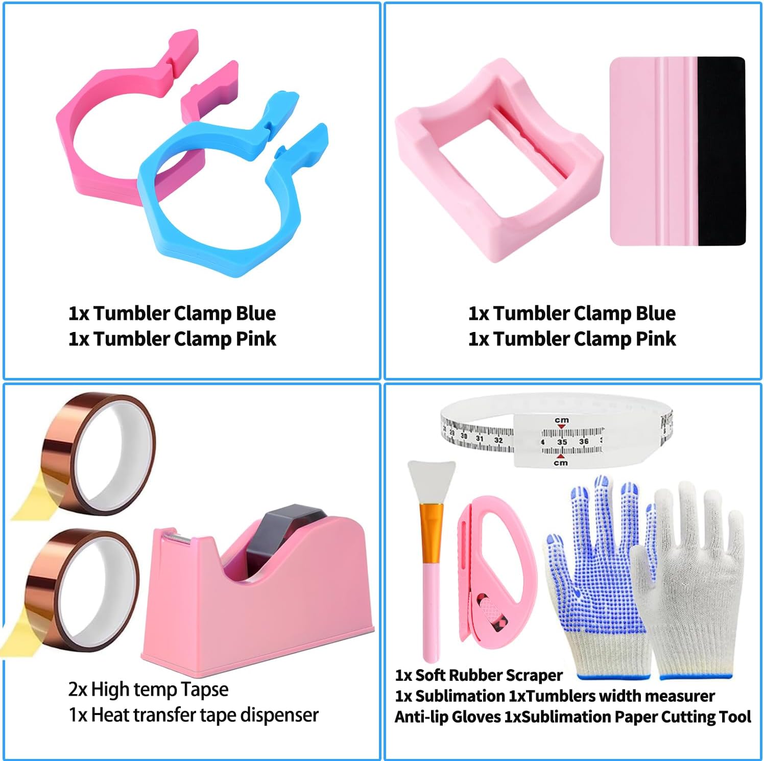 Majreey Sublimation Blanks Tumbler Clamp Tool, for 20 Oz Sublimation Blanks, Heat Resistant Gloves, Heat Tape Sublimation, Heat Tape Dispenser Sublimation Kit, Tumbler Clamp Clamp (Blue,Pink)