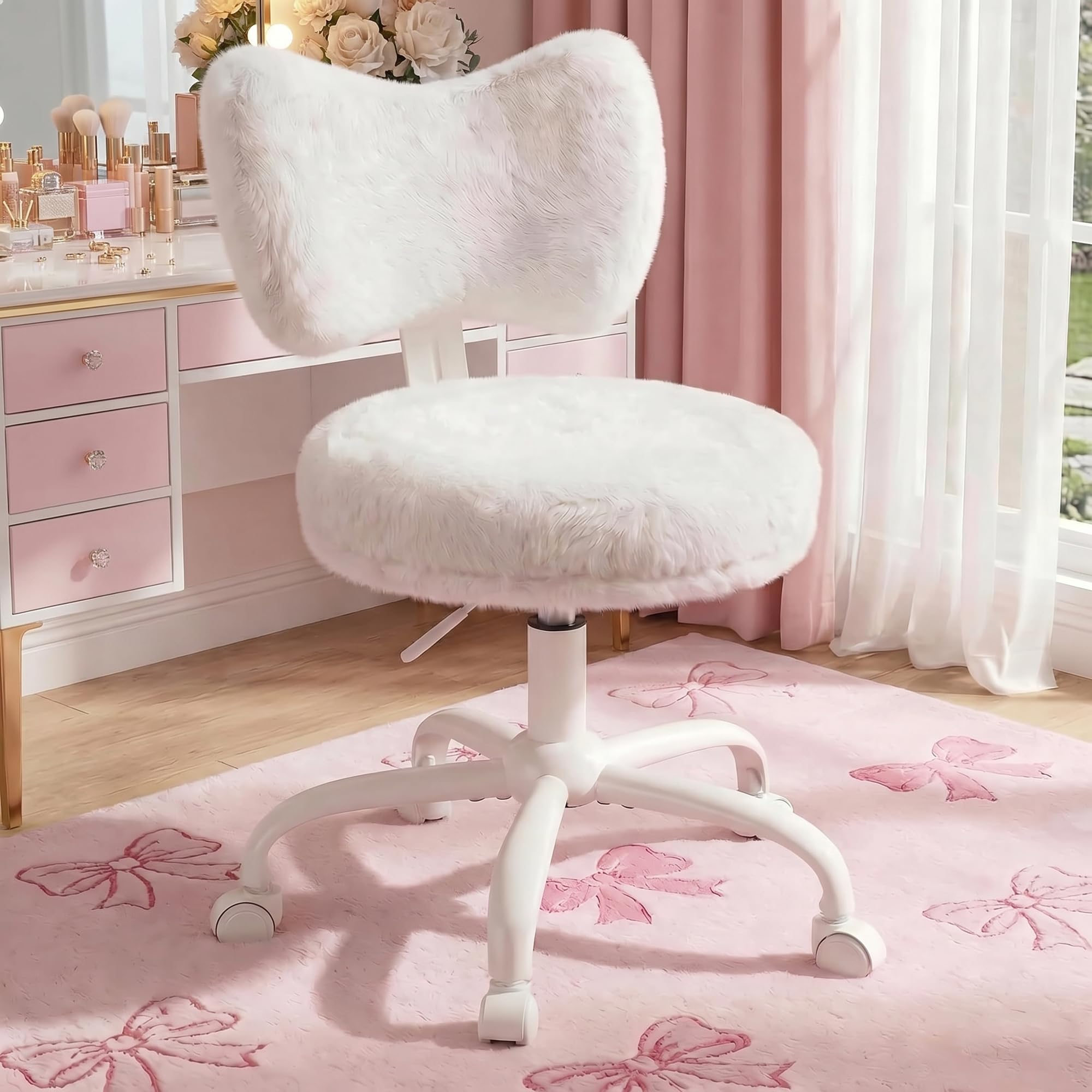 Cliporix Vanity Chair with Wheels, Cute Bow Back Support, Fluffy Swivel Desk ChairοΌ Double-Layer Padded Cushion & Height Adjustable, Armless Dressing Table Chair for Girls Bedroom (Cream White)