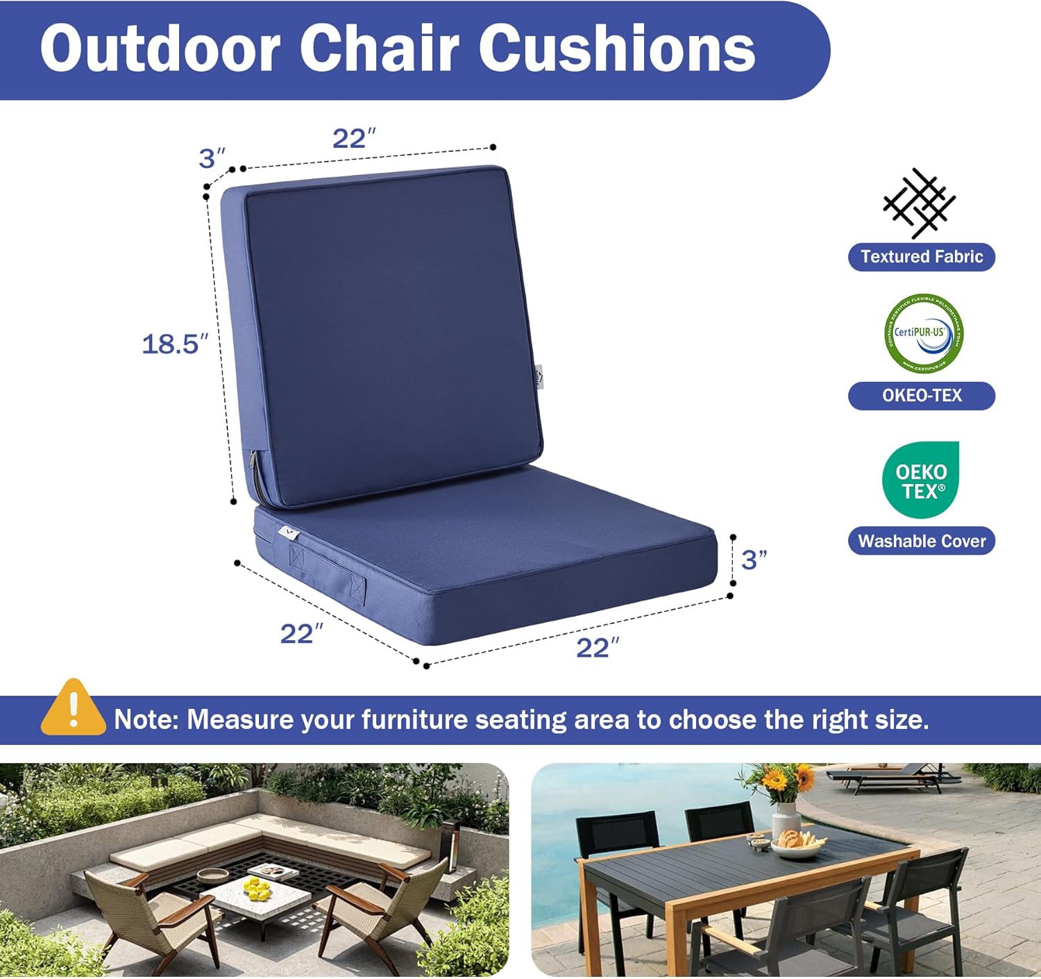 outdoor cushions, outdoor chair cushions 22x22x3 inch, cushions for outdoor furniture with removable cover, waterproof & fade resistant outdoor seat cushions for patio, lawn, navy blue navy blue seat 22x22 in + back 22x18.5 in
