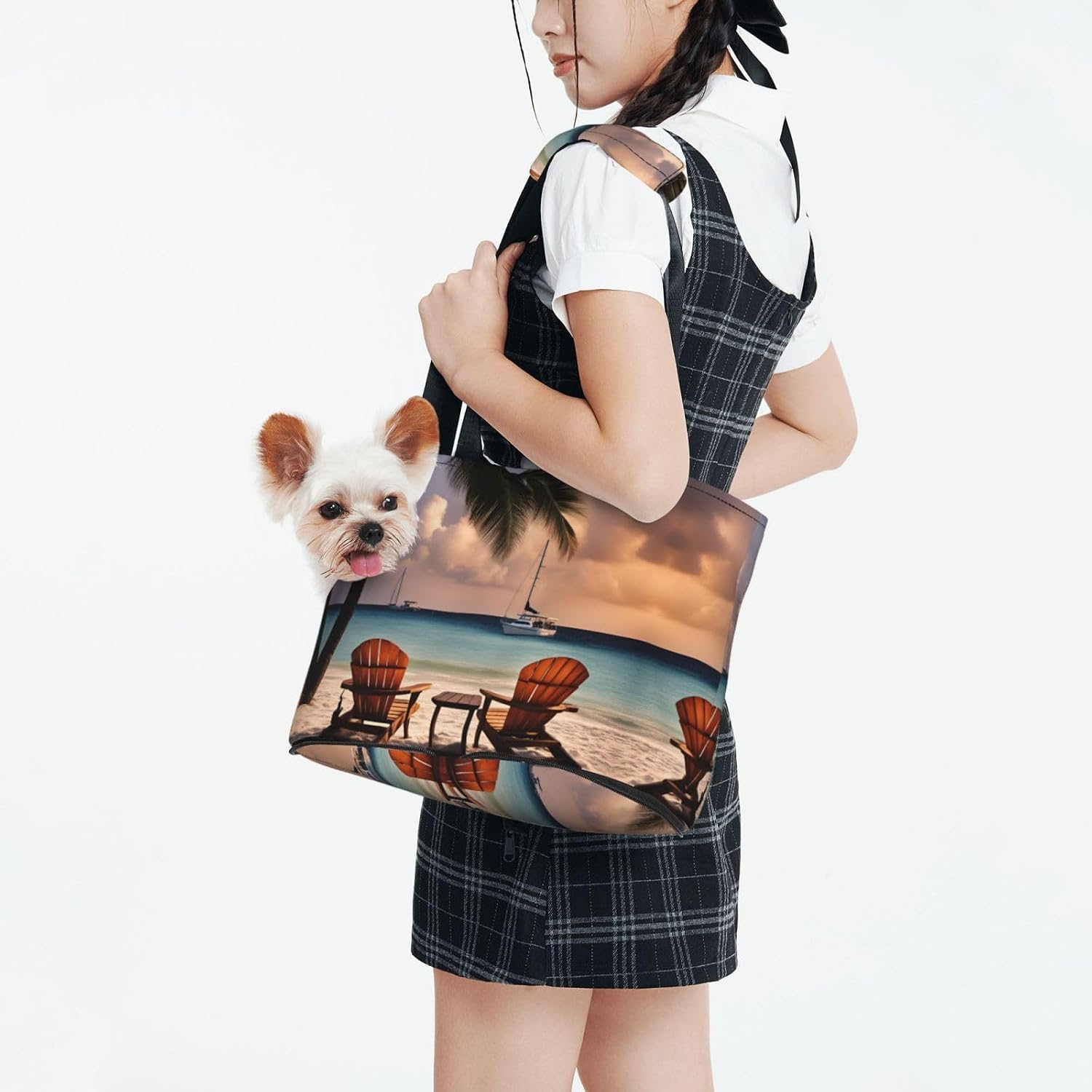 Beach Palm Tree Chairs Boats Print Portable Foldable Shoulder Bag for Travel,with Collar Hook and Handle Pad,Cute Stylish Design