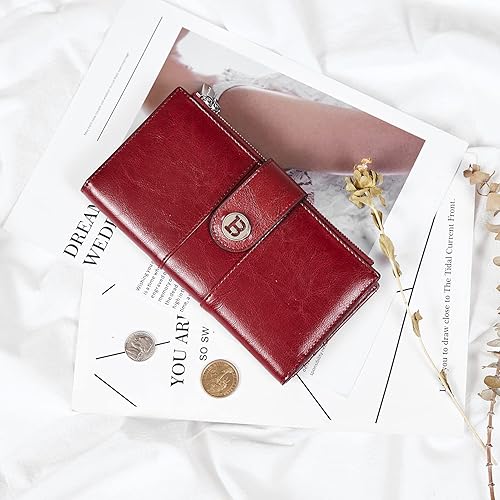Miniatura 7 de BOSTANTEN Carteras de cuero para mujer, bloqueo RFID, gran capacidad, triple tarjetero, embrague para teléfono, F-Vino Rojo-Doble Cremallera,
