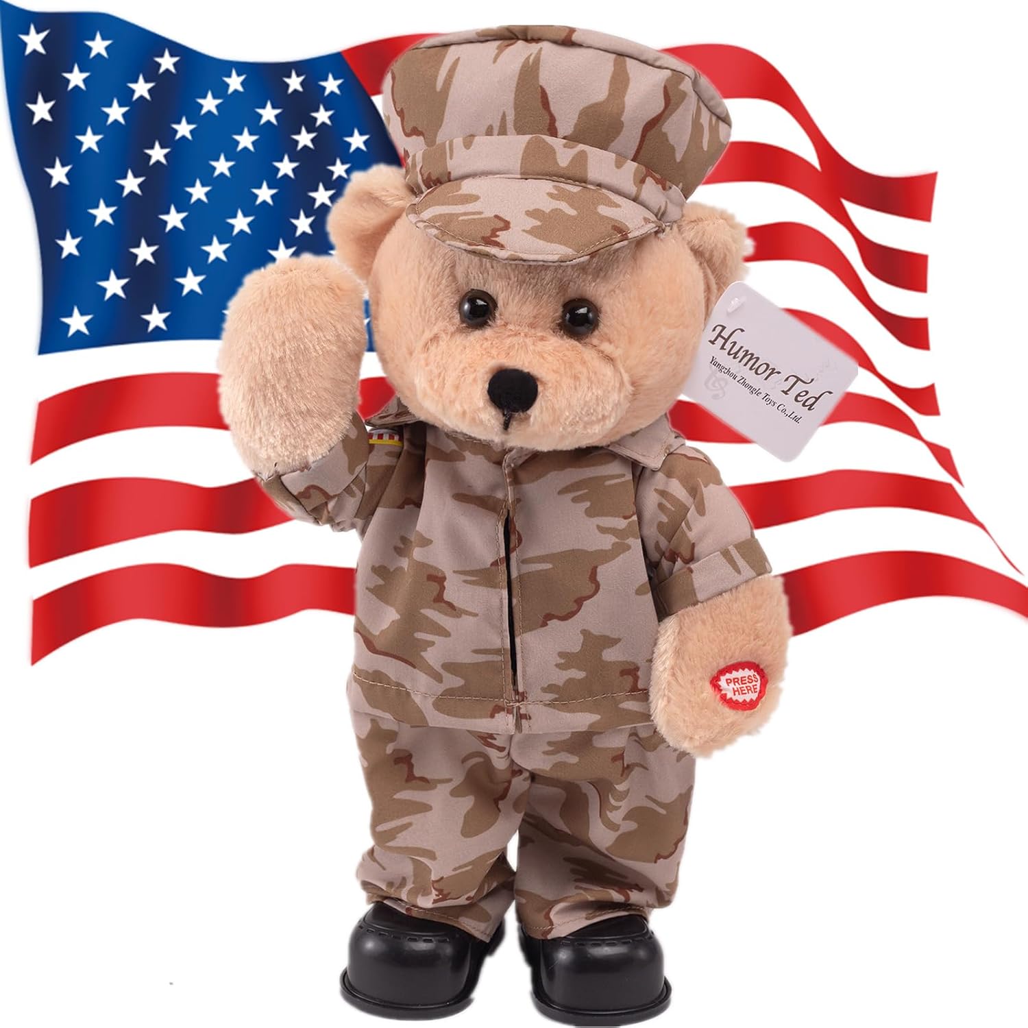 Military Hero Army Graduation Gifts Teddy Bear Stuffed Animals Singing Dancing Teddy Bear Stuffed Animal, US Army Theme Music Plush Toys,Independence Day Birthday Gifts for Kids .14"