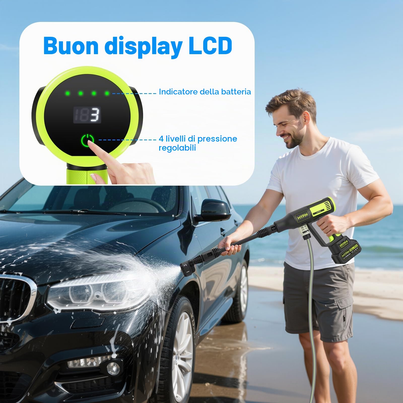 Idropulitrice a Batteria con Display LCD, 725 PSI, 2 Batteria Ricaricabile 21V, Ugello 6-in-1, Idropulitrice Portatile per Pulizia Auto, Pavimenti, Pareti e Recinzioni