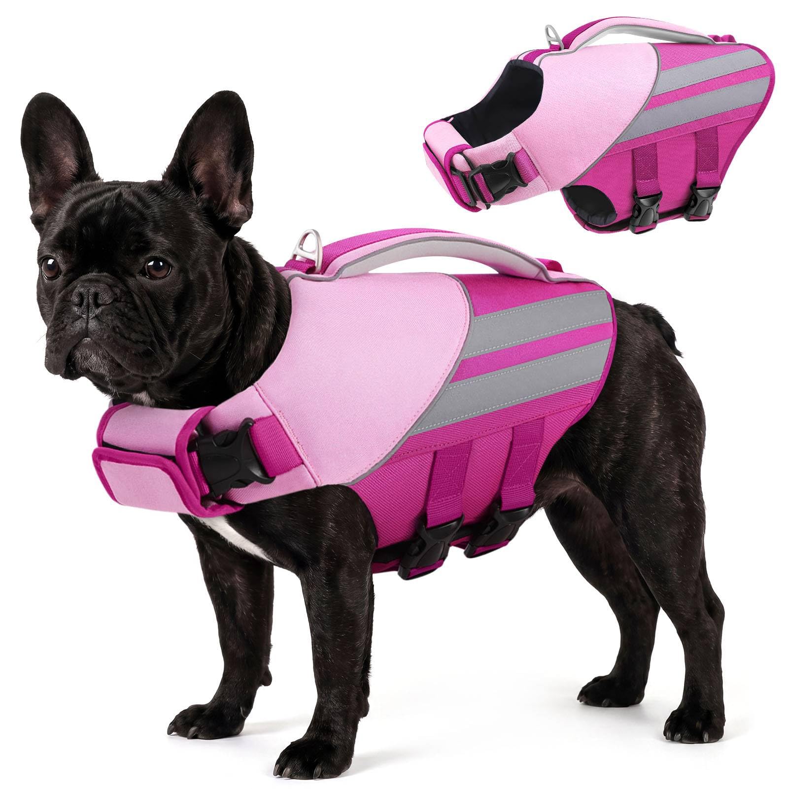 Queenmore Dog Life Jacket Lightweight &Reflective Buoyancy Aid for large dogs Ripstop Doggy Float Jacket With Rescue Handle for French Bulldog,Dachshund,Pug (Rose, L)