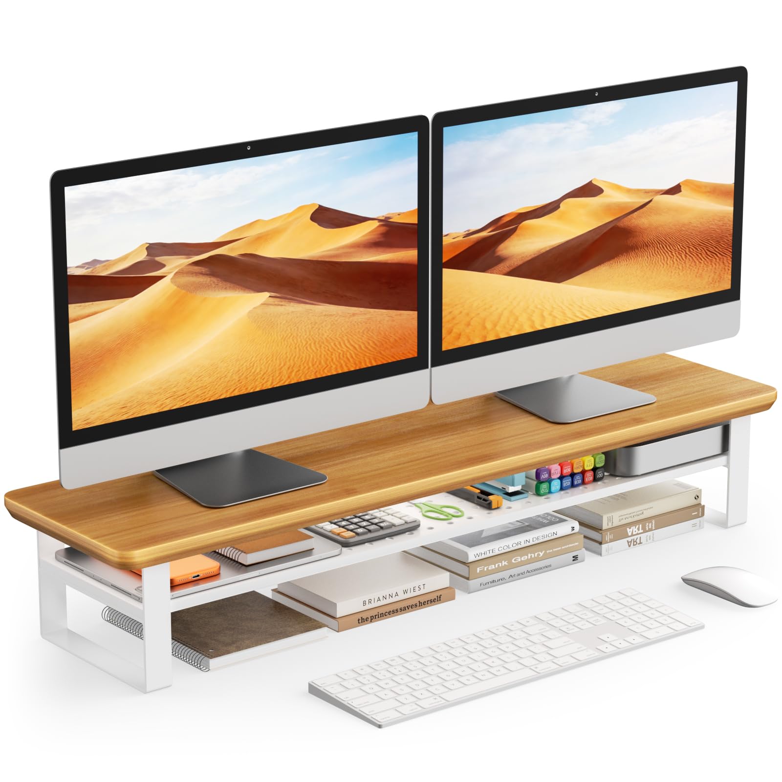 Dual Monitor Stand, 35.4 Inch Monitor Stand Riser for 2 Monitors, 2 Tiers Wood Desk Shelf with Storage, Desktop Organizer Stand for Computer, Laptop, Printer, TV