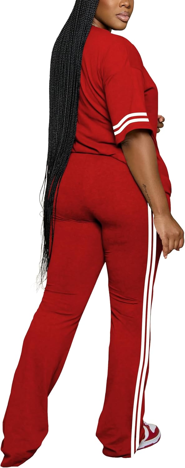 Women's 2 Piece Outfits Crewneck Short Sleeve Tops and Flare Pants Lounge Sets Tracksuit - Image 3