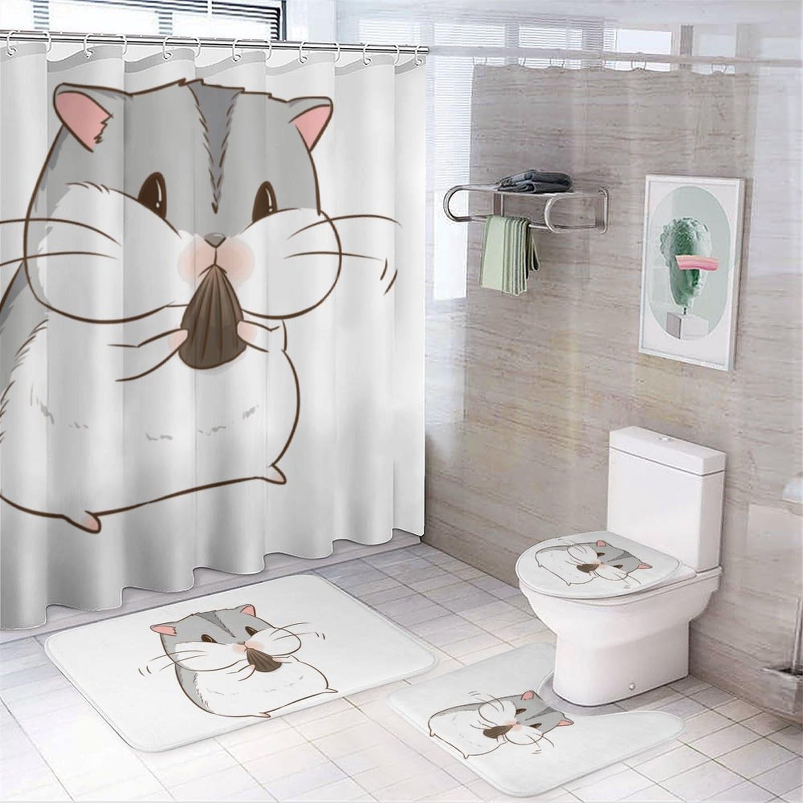 JZemdybill Bathroom Mat Set 4 Piece, Hamster Shower Curtain with Non-Slip Bath Mats for Bathroom