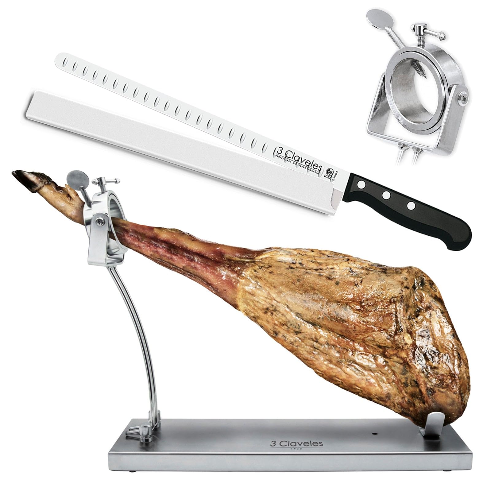 Juego Profesional de Soporte Jamonero Plegable en Acero Inoxidable y Cuchillos 3 Claveles, Funda y Chaira (TC01737K1)
