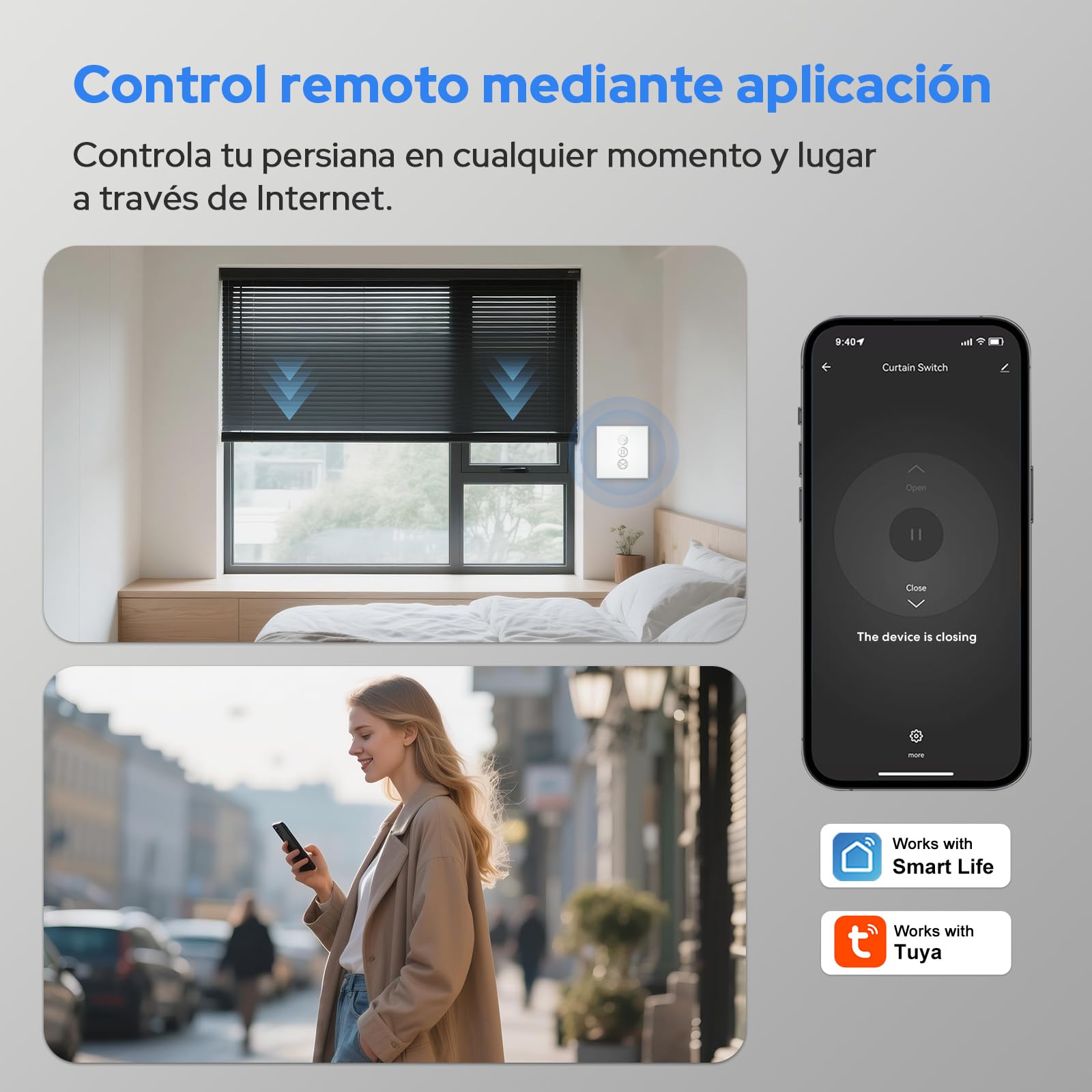 LoraTap Interruptor Persiana WiFi con Mando a Distancia RF, Interruptor Táctil de Pared para Cortina Eléctrica, Funciona con La Aplicación Smart Life, Compatible con Alexa y Google Home
