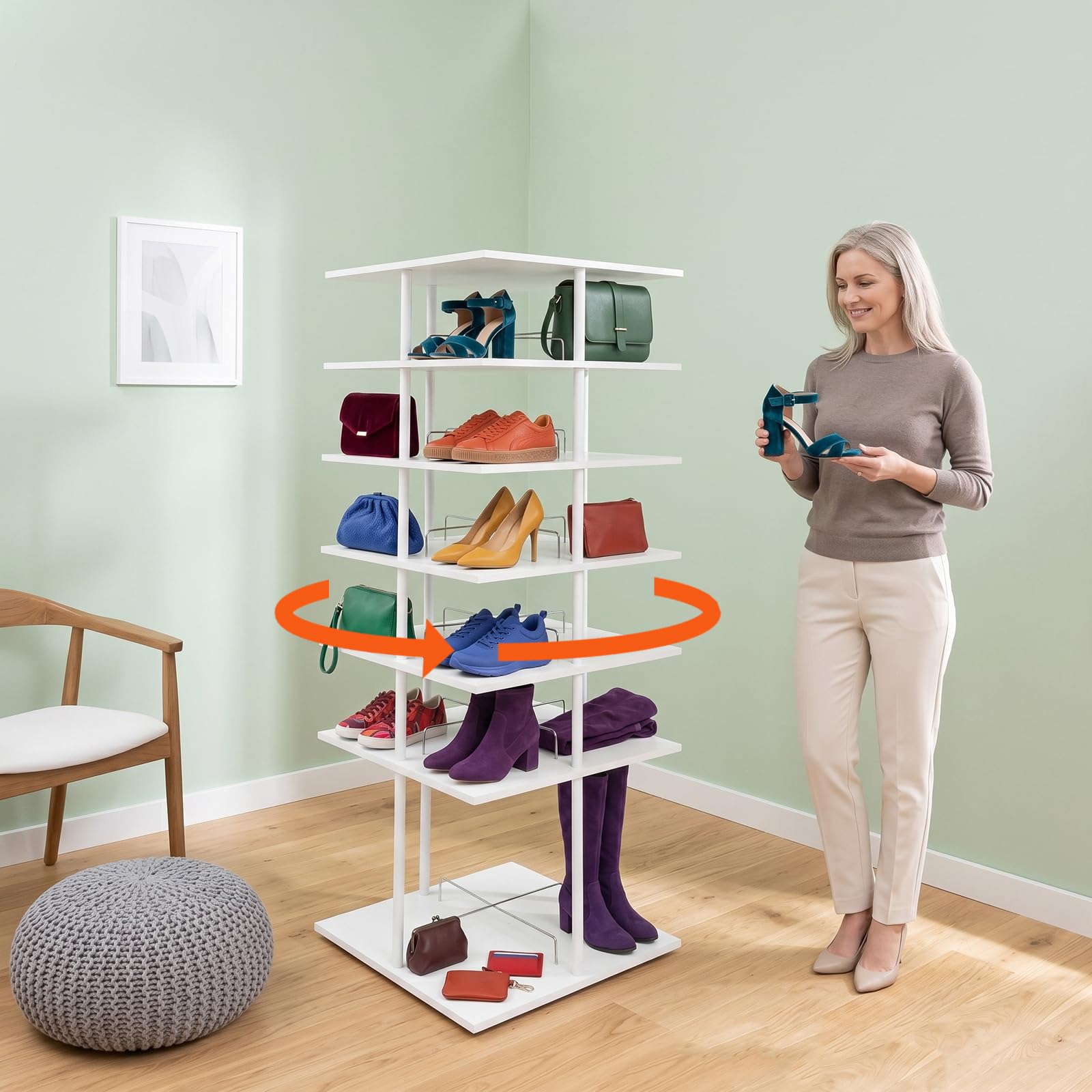 6 Ebenen Drehbare Schschrank Schuhaufbewahrungsregal | 360° drehbar, Schuhregal, weiß 57x57x155cm, Schuhständer Aufbewahrung für Flur