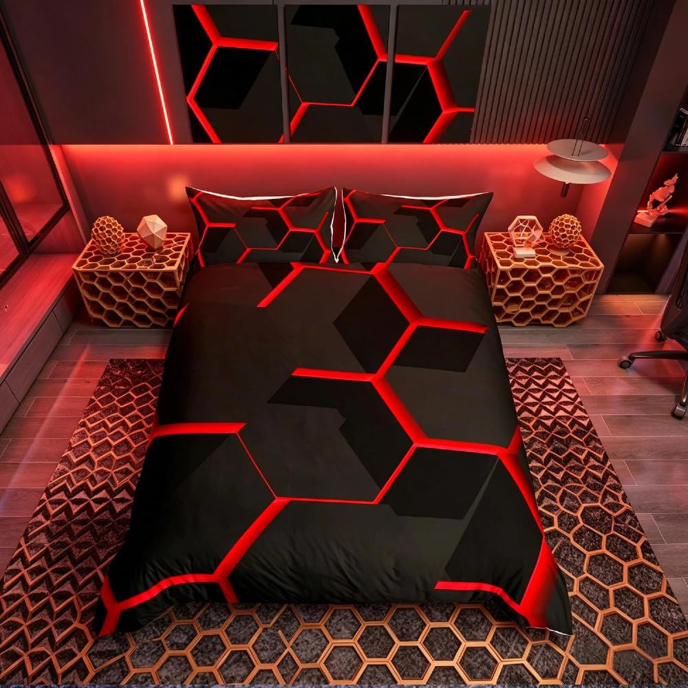 Homemissing Multicolored 19213 Geometric Honeycomb Duvet Cover Red Hexagon Comforter Cover Beehive Hexagon Bedding Set Geometrical Bedspread Cover Beehive Decor King Bedclothes Zipper