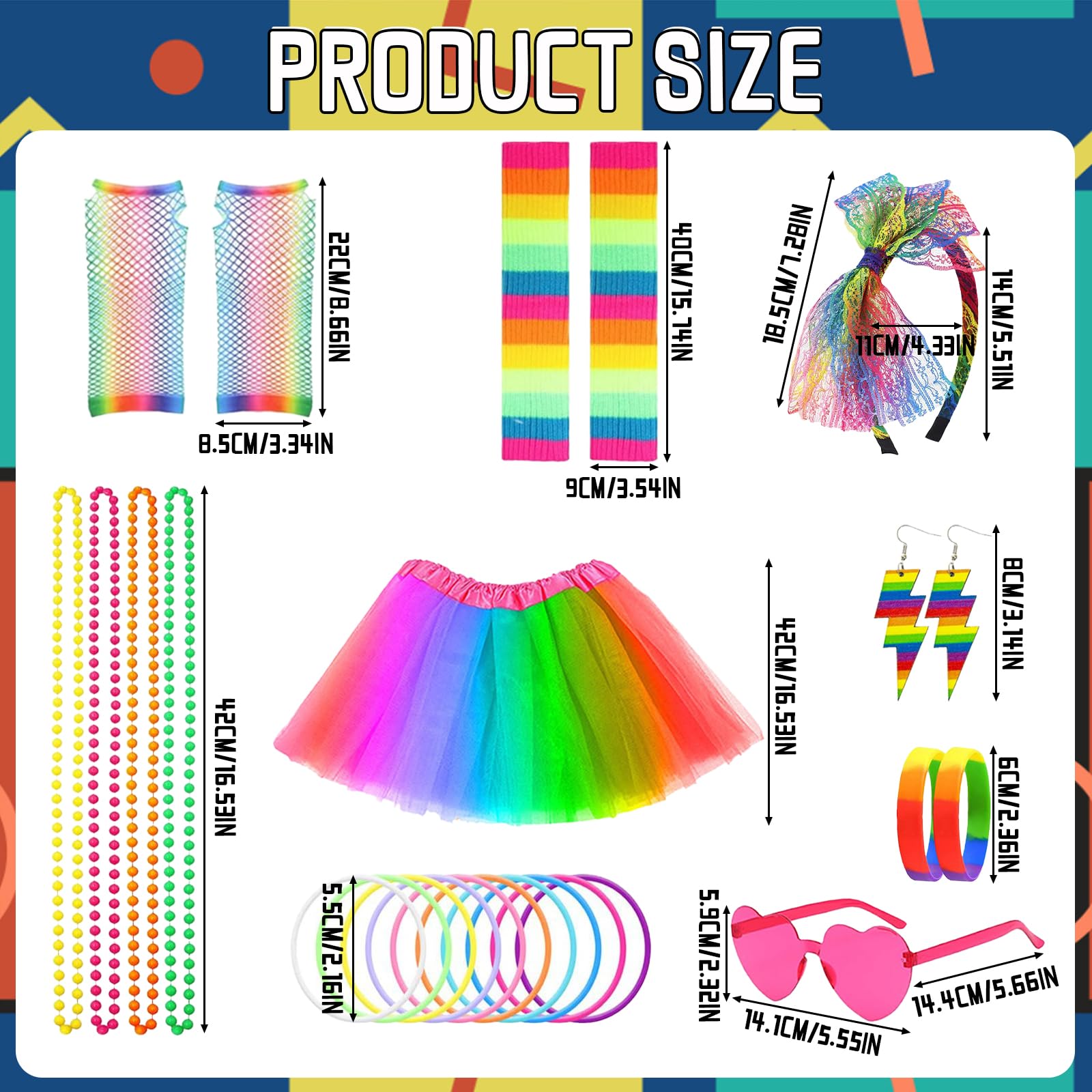 1980s Party Costume Accessories Set,80s Fancy Dress for Women with Tutu Adult Skirt,Leg Warmers Neon Bracelets Sunglasses Earrings Fishnet Gloves,Neon Clothing for 80s Party Decoration - Image 2