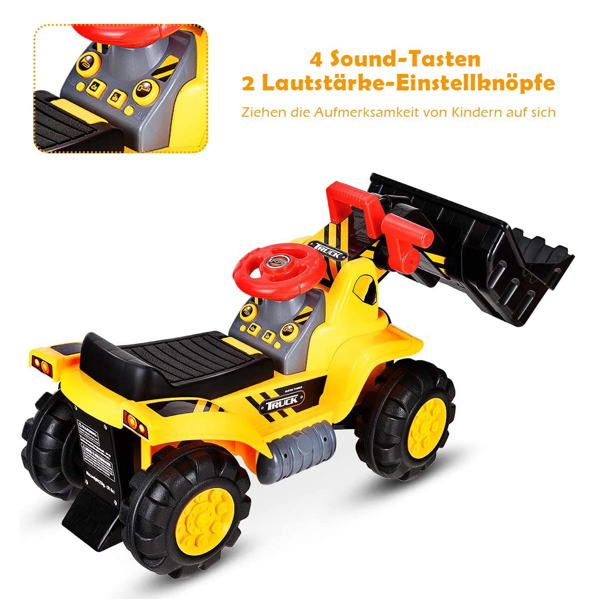 RELAX4LIFE Sitzbagger Kinder, Kinderbagger, Spielzeugbagger mit Schaufel & Lenkrad & Soundtasten & Staufach, Rutscher Bagger bis 25 kg belastbar, für Kinder ab 3 Jahren, inkl. 3 Steine, Helm