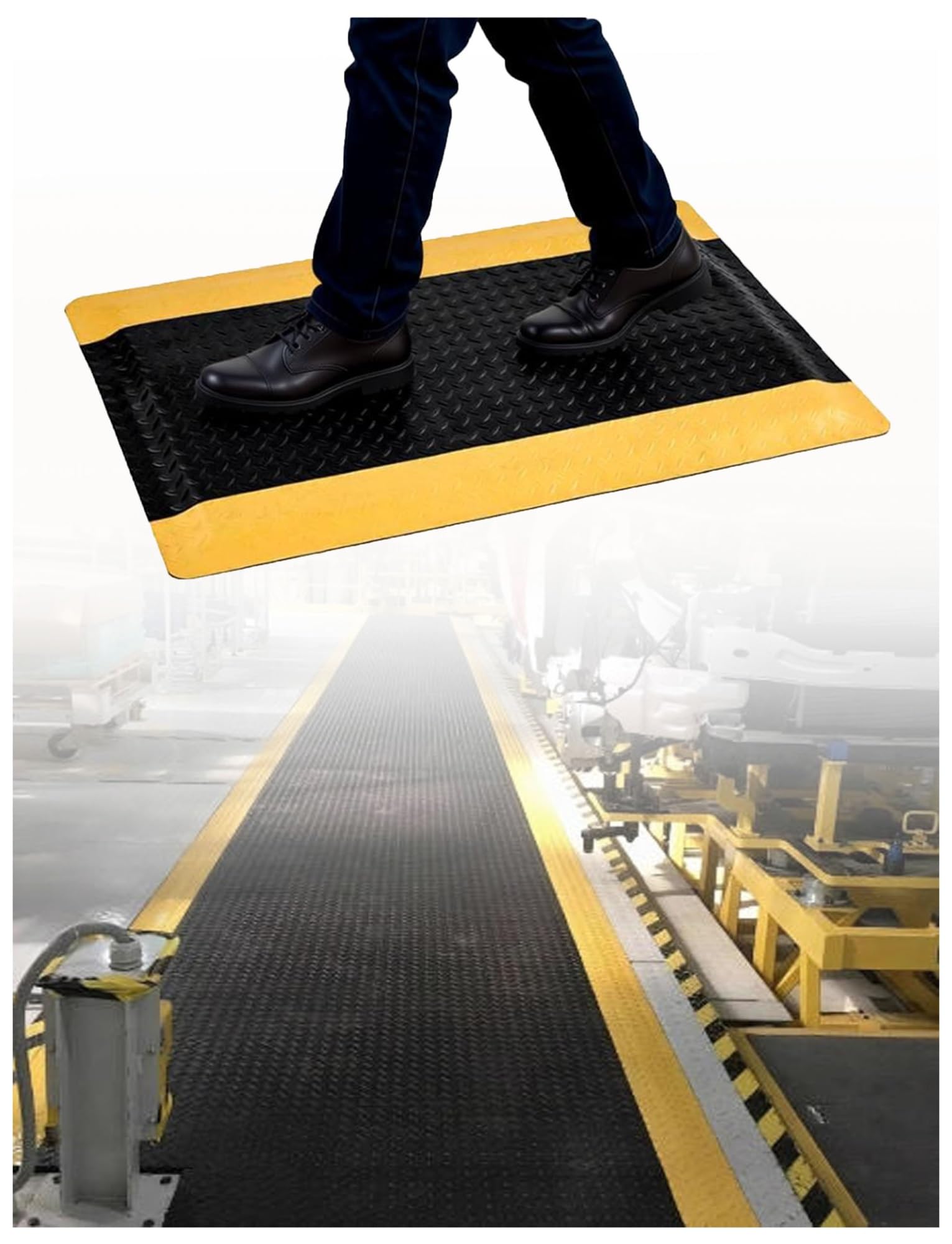 GTHTUHFD Industrial Standing Floor Mat With Yellow Border For Ergonomic Comfort In Workstation & Warehouse - Anti-Fatigue, Durable, Non-Slip Design,Black-60X130CM