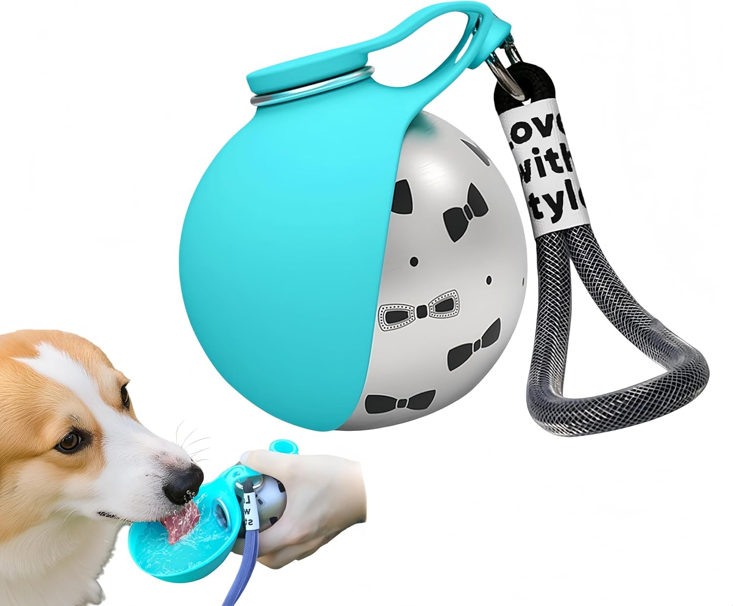 2 in 1 Portable Dog Water Bottle with Bowl, 304 Stainless Steel & Foldable Silicone Bowl, Pet Water Cup with Lanyard Hook for Walking Hiking Travel, Water Bottle for Small Dogs on Walks (Pink Print)