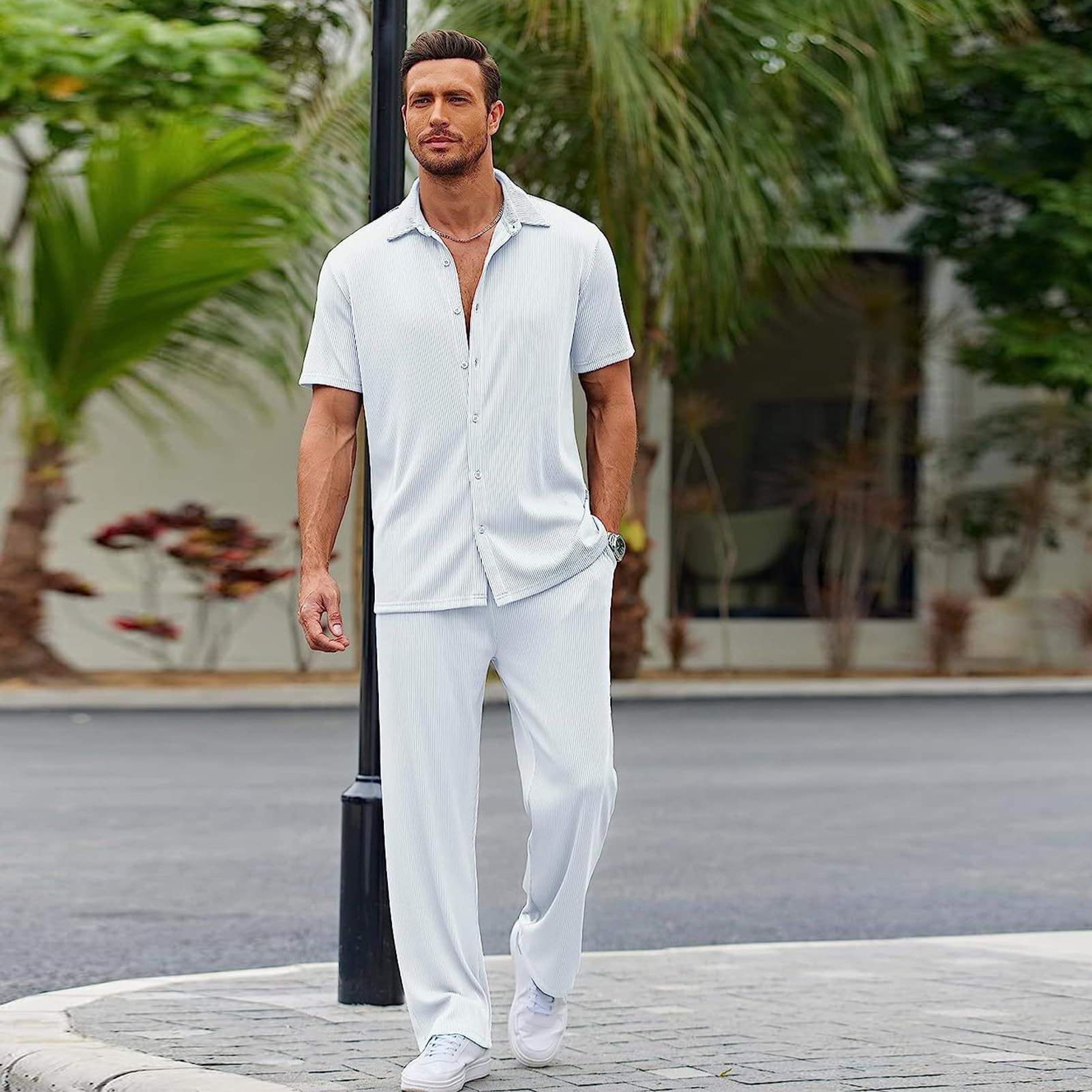 Uomo 2 Pezzi Completi Camicia e Pantaloni Abbigliamento Estivo Casual (Più Grande dello Standard)