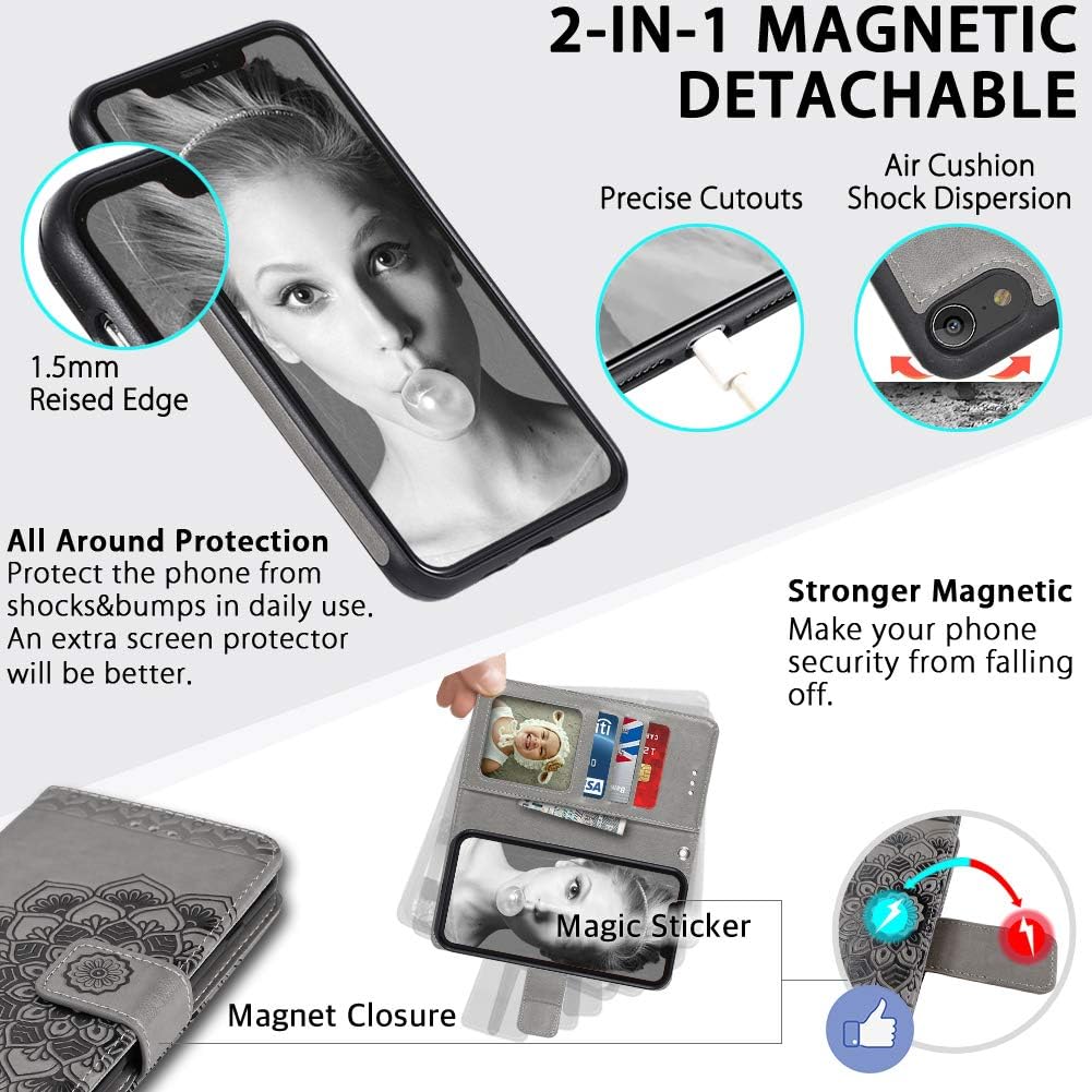 iPhone XR Case, iPhone XR Wallet Case with Detachable Slim Case, Card Solts Holder, Fit Car Mount,CASEOWL Mandala Flower Floral Embossed Vegan Leather Flip Lanyard Wallet Case for iPhone XR-Gray
