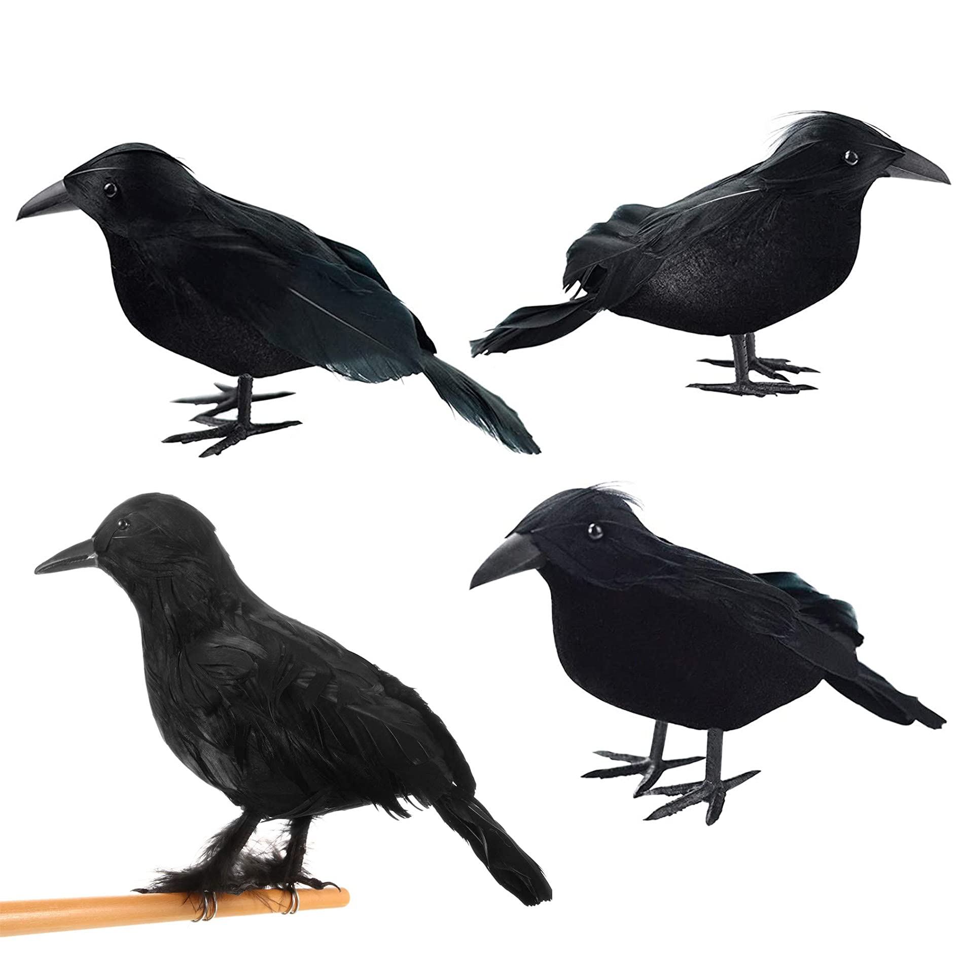 YiYa 4 Pièces Corbeaux D'Halloween Noirs Réalistes - Décoration Oiseaux Halloween Intérieur Extérieur