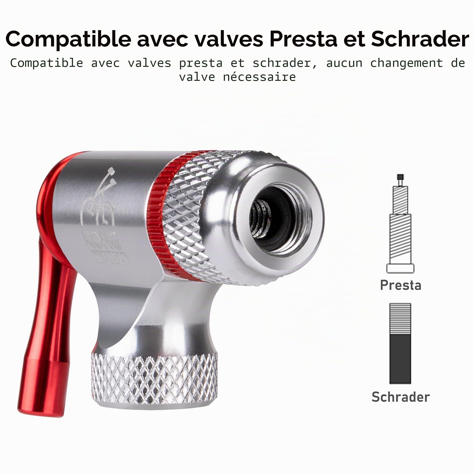 Kit de Gonfleur CO2 Vélo avec 6 Cartouches Filetées 16g/25g Compatible Presta Schrader