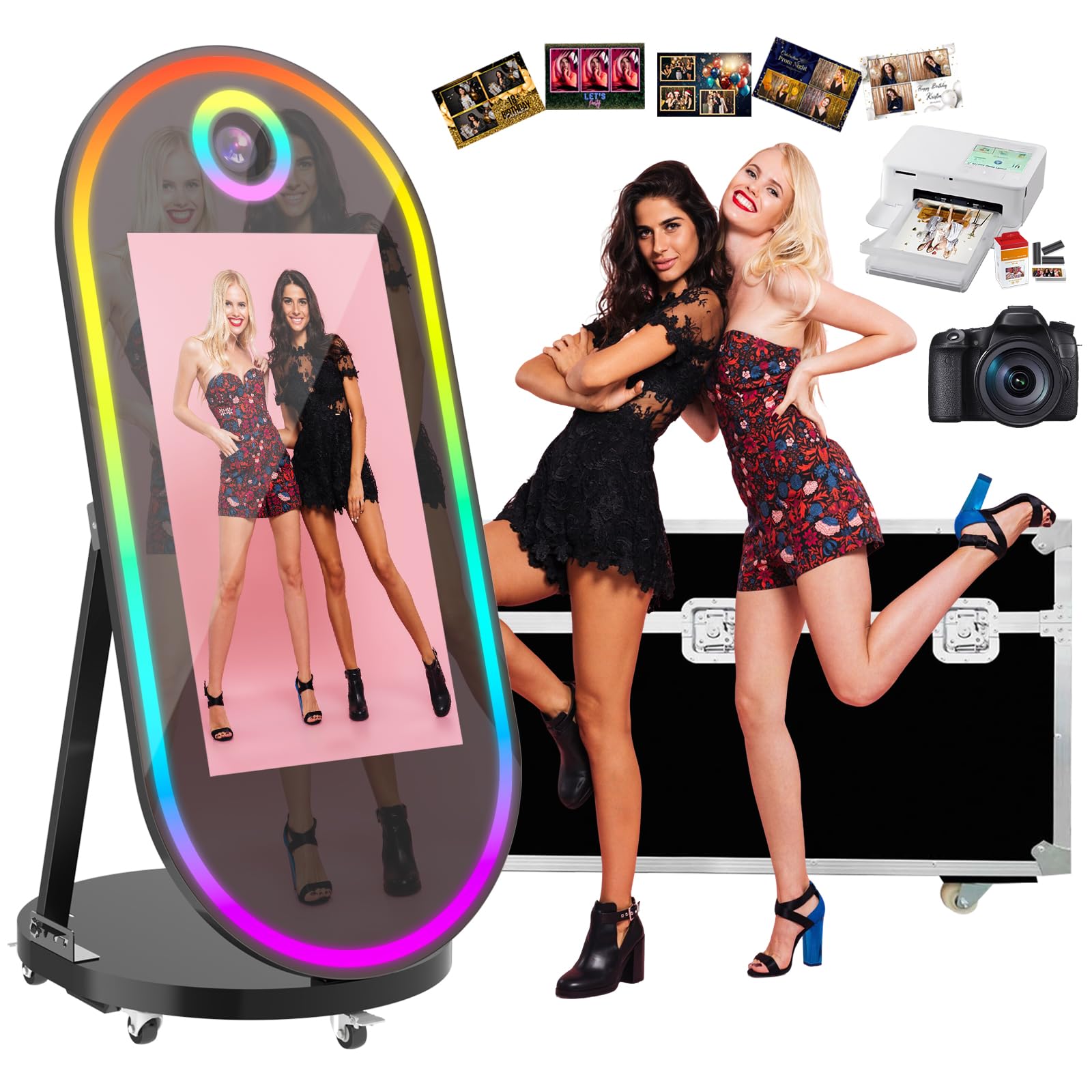 Magic Mirror Photo Booth, 60-32in Interactive Touch Screen Oval Photo Booth Machine,Remote Control RGB Light,Idea Instant Printing and Share for Event Rental Party (Black Booth + Camera + Printer)