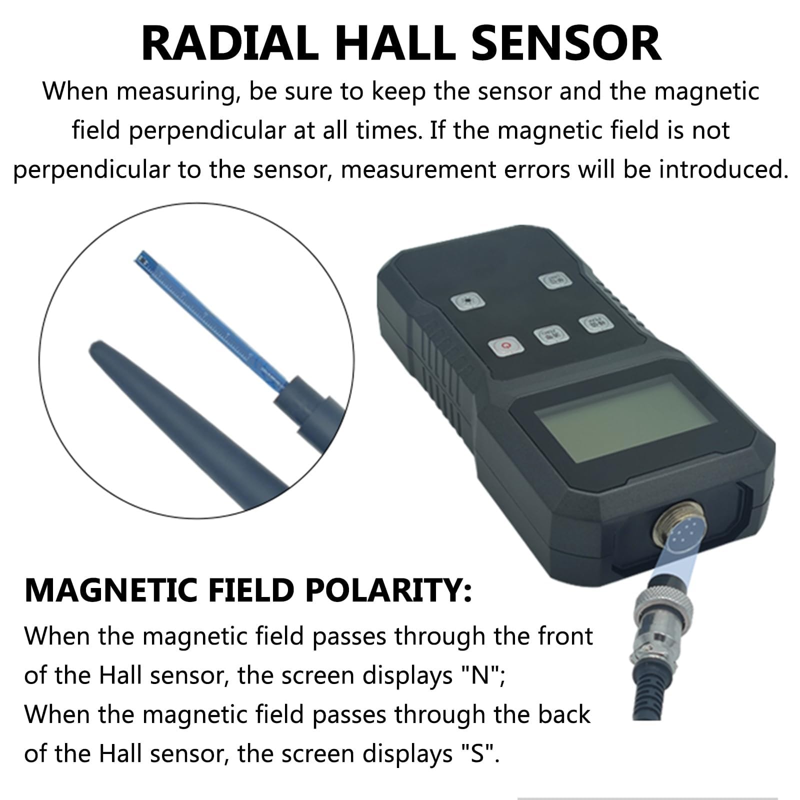 Gaussímetro Digital de Alta Precisión, Medidor de Campo Magnético, Resolución de 0.01mT y Sensor Hall Radial, Conmutable entre mT/Gs, Retención de Pico para Medición de Campos Magnéticos Superficiales
