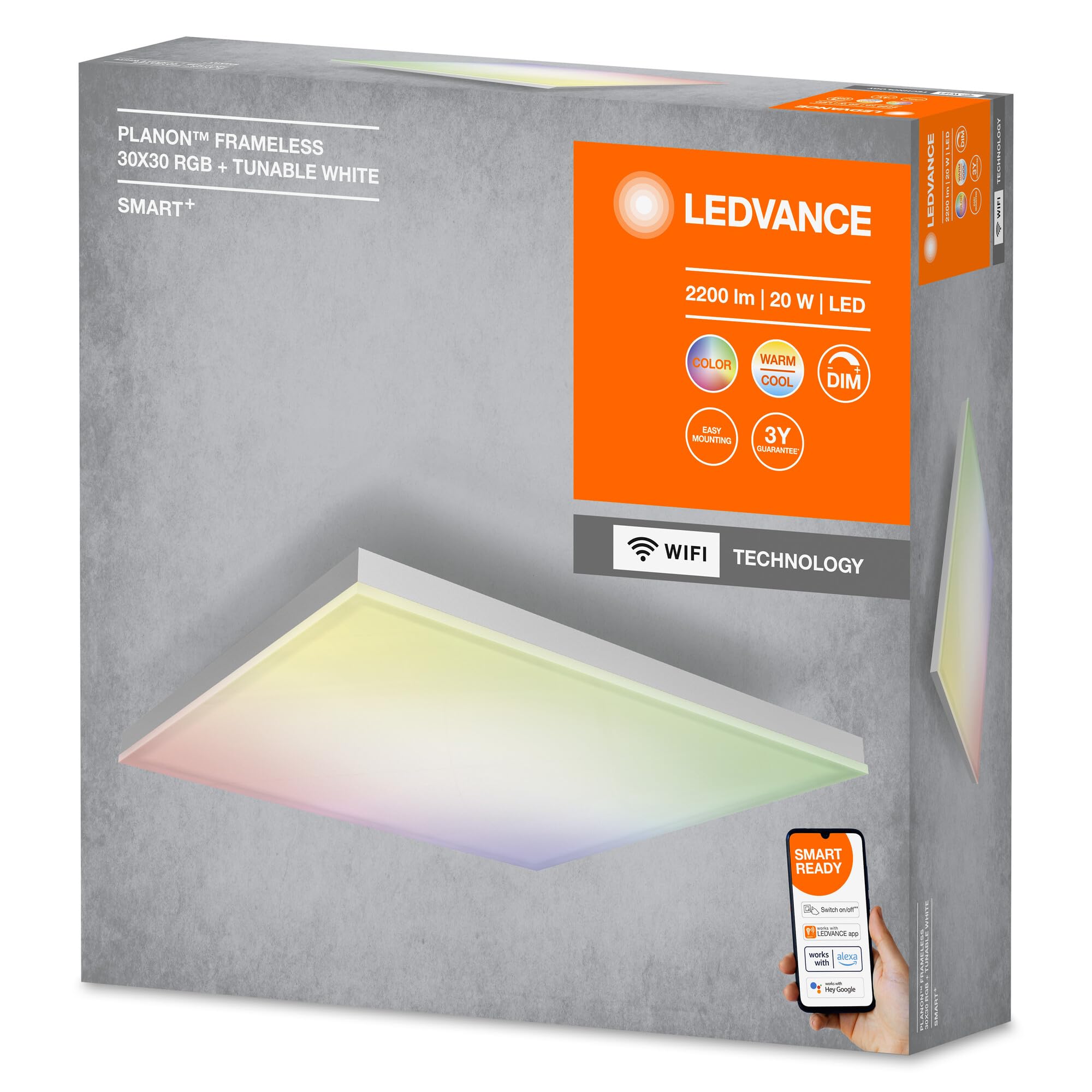 LEDVANCE Smarte LED Deckenleuchte, Panel für Innen mit WiFi Technologie, Lichtfarbe änderbar (3000K-6500K), RGB-Farben änderbar, 300mm x 300mm, Kompatibel mit Google und Alexa Voice Control, SMART+