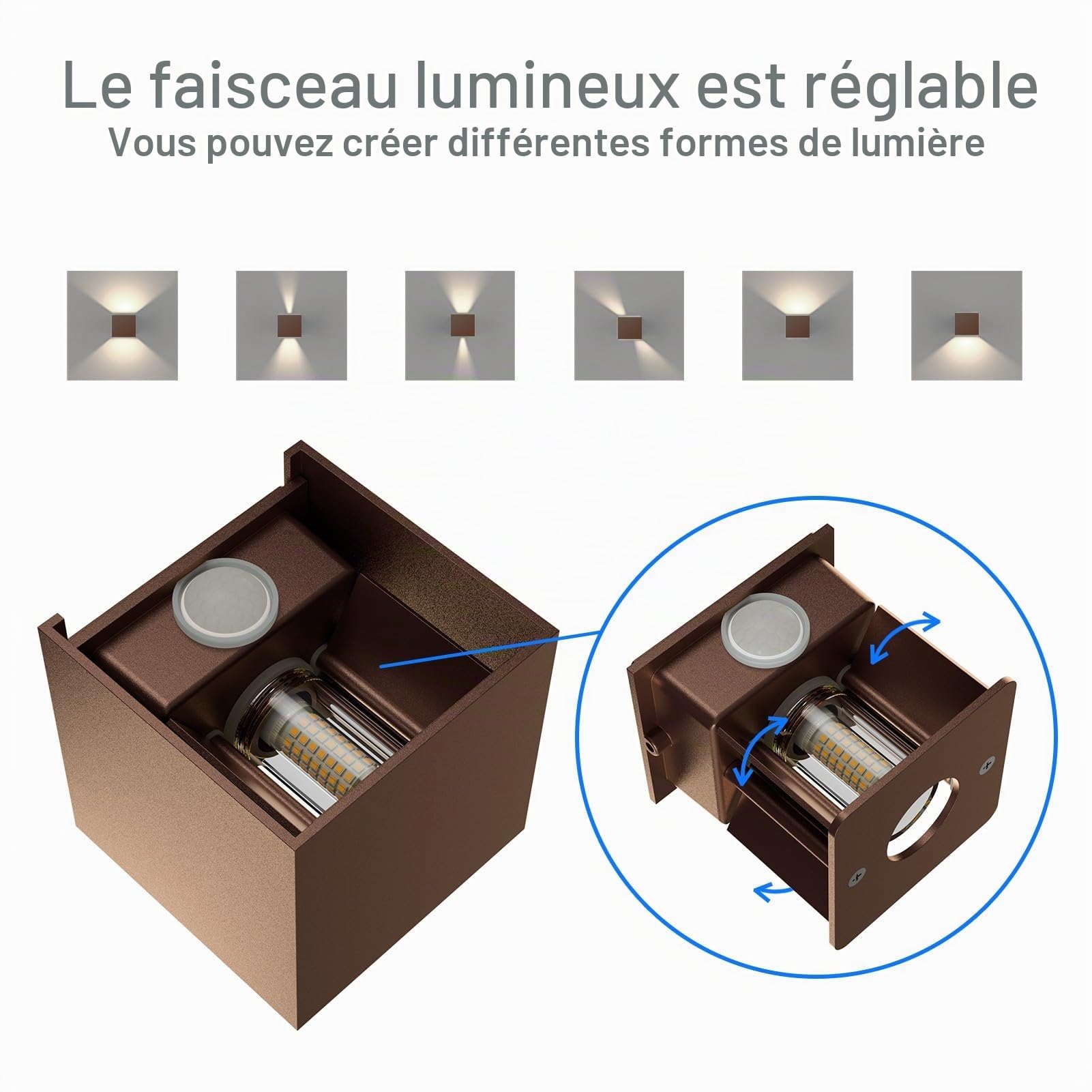Klighten 2PCS Applique Murale Extérieur avec Détecteur de Mouvement IP54 Éclairage Mural Intérieur avec Angle de Faisceau Réglable, avec Ampoule LED G9 Remplaçable Lampe, Blanc Chaud 3000K, Bronze