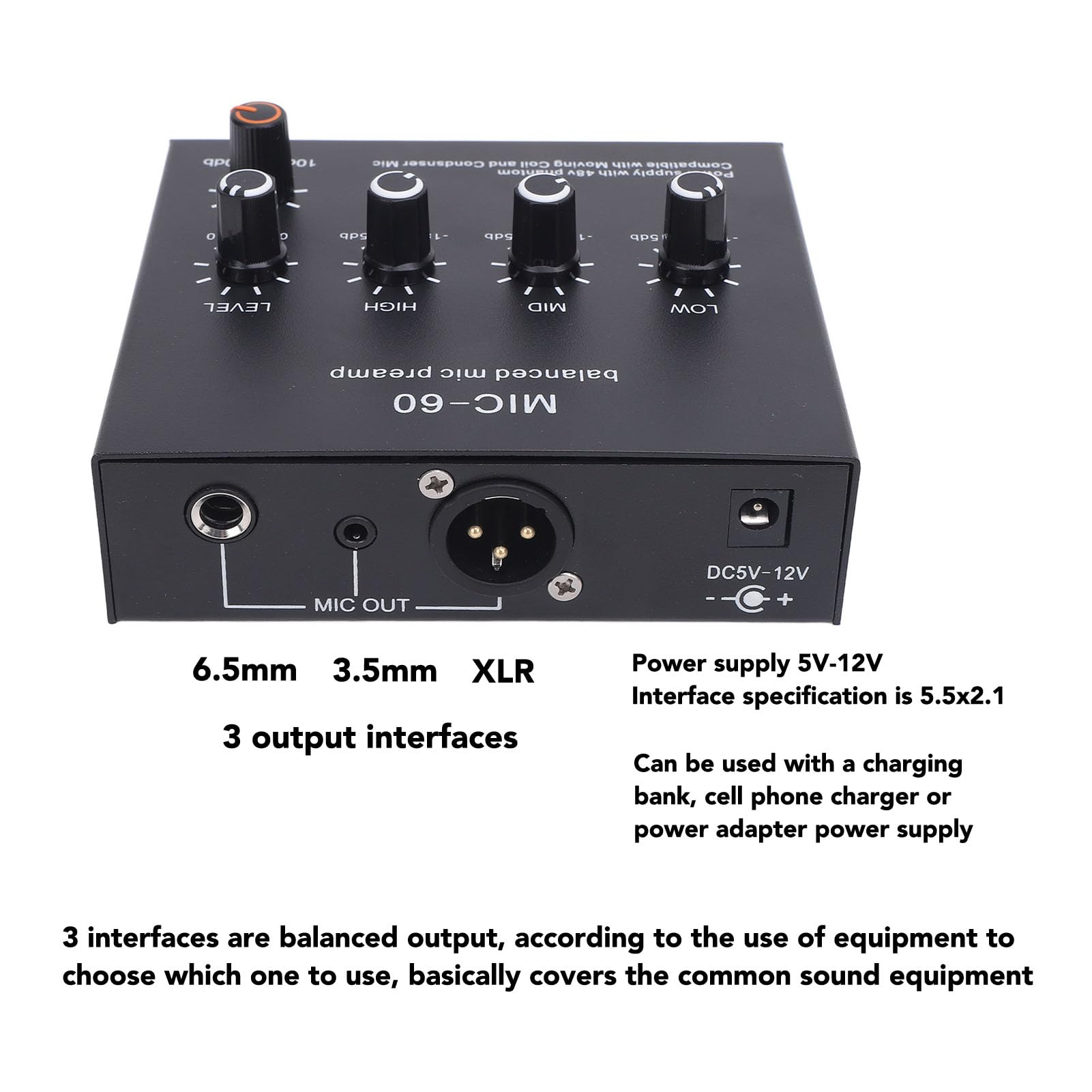 Préampli de Microphone équilibré, 10-60 DB Microphones Booster Mic Pre Amplificateur pour Enregistrer Le Streaming en Direct du Studio avec des Sorties D'entrées de 48 V XLR