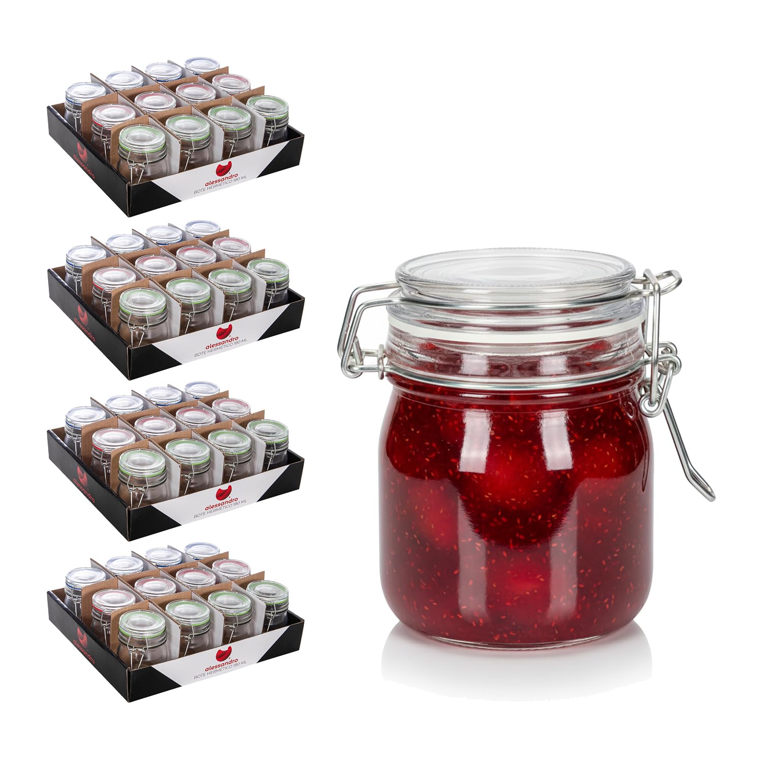 TWO TIGERS Bote de Cristal 180ml Hermético y Redondo con Tapa. Pack 48 Unidades Color Surtido. Bote de Cristal Almacenamiento Cocina, Especias, Pasta, Arroz, Legumbres (180ml 48Ud)