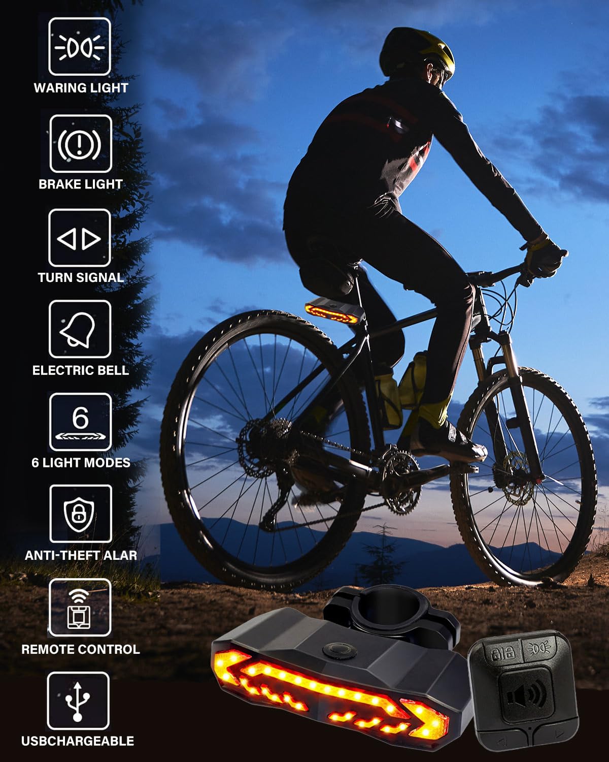 Lampe Vélo Avant/arrière USB-C Haute Luminosité – Capteur Direction Frein, IP65, 6 Modes