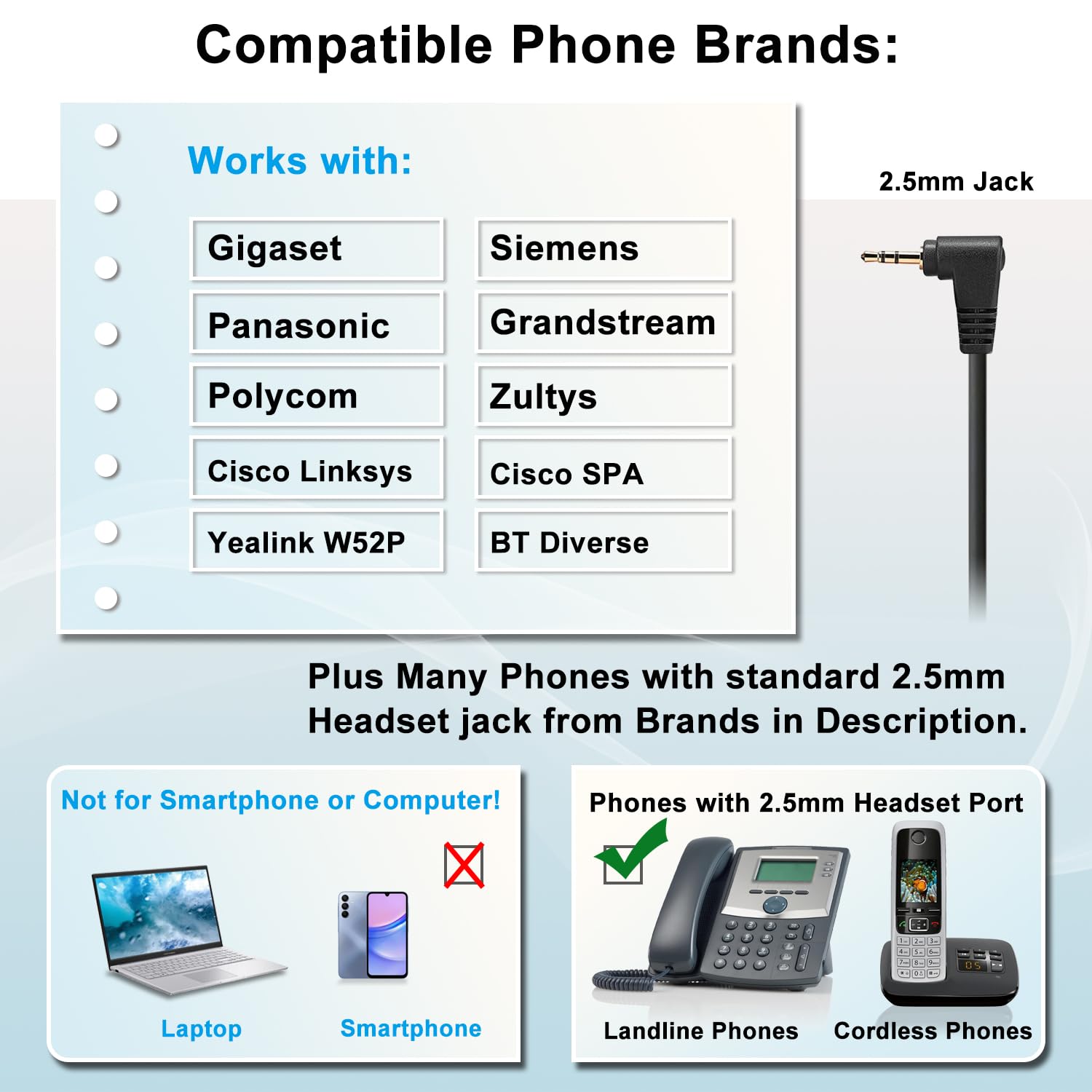 Casque Téléphone Fixe 2,5 mm avec Micro Anti-Bruit, Oreillette Filaire pour Gigaset C430A C530A Panasonic Cisco Spa 303 Polycom Grandstream Zultys Téléphones sans Fil Dect Bureau Centre d'appel