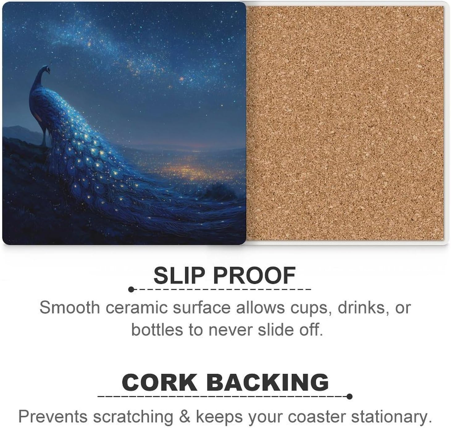 Peacock Wild Animal Bird Coaster for Drinks Square Ceramic Table Coasters Stone Mat Crafts 6PCS Home Kitchen Decor