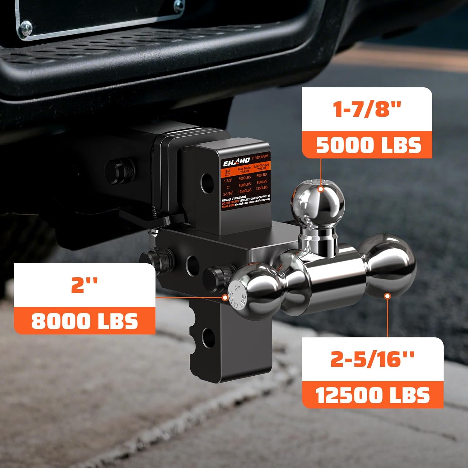 Adjustable Trailer Hitch,Tri-Ball Mount Drop Hitch 2 Inch Receiver with 6 Inch Drop/Rise for Truck 12,500 LBS GTW,Double Anti-Theft Locking Hitch Pins with Hitch Tightener