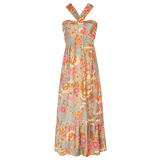 2024 Women's Halter Neck Floral Sleeveless Summer Dresses for Beach Greygreen L