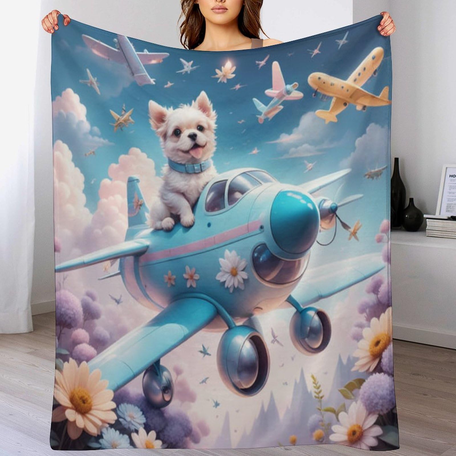 Couverture lourde flanelle respirante pour lit enfant avec motif chien avion