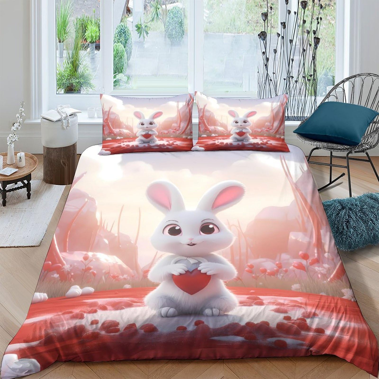 Ctjqhvkz Style-4 3D Printed Cute White Bunny Fitted Sheet Microfiber Soft Pink Heart Bed Cover For Bedroom Dorm Mattress Protector Decor Single（135X200cm）