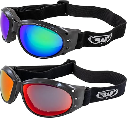 2 pares de gafas acolchadas Global Vision Eliminator para motociclismo, color negro con lentes de espejo verde y rojo disponible en Yaxa Peru