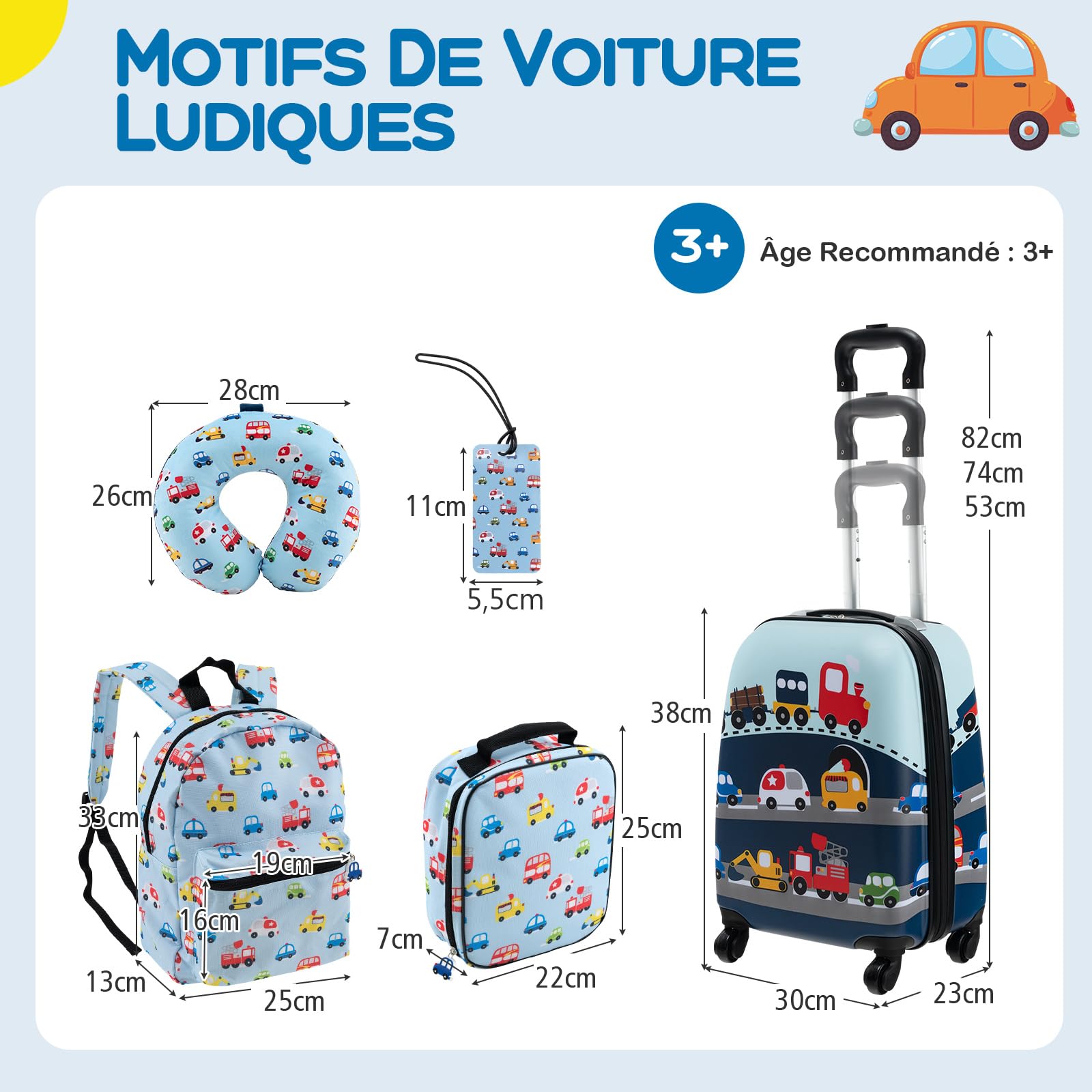 GOPLUS Valise Enfant 5 Pièces, Bagage à Main Rigide de 38cm, Sac à Dos de 33cm, Oreiller Cervical, Sac à Déjeuner Isolé, 3 Hauteur Réglable, Bagage à roulettes pour Garçon Fille 3+ Ans (Bleu)