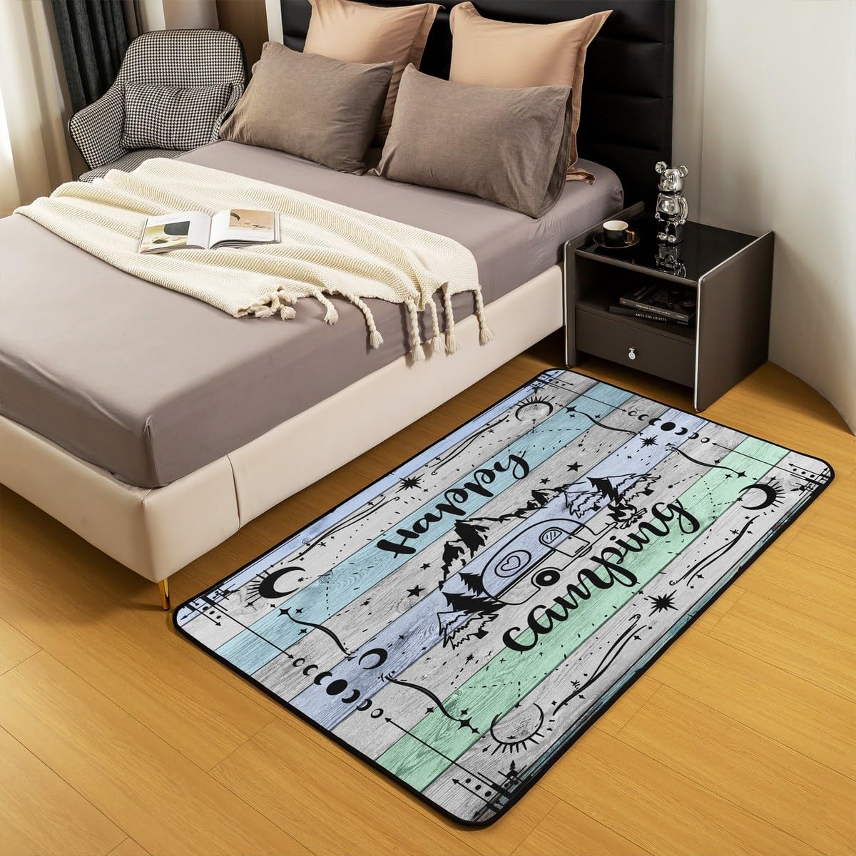 Homewish Tappetino per interni in legno ad acquerello, per ragazzi, ragazze, camper, felice, campeggio, fattoria, vecchio fienile, motivo decorativo per stanza dei giochi, 3 x 5