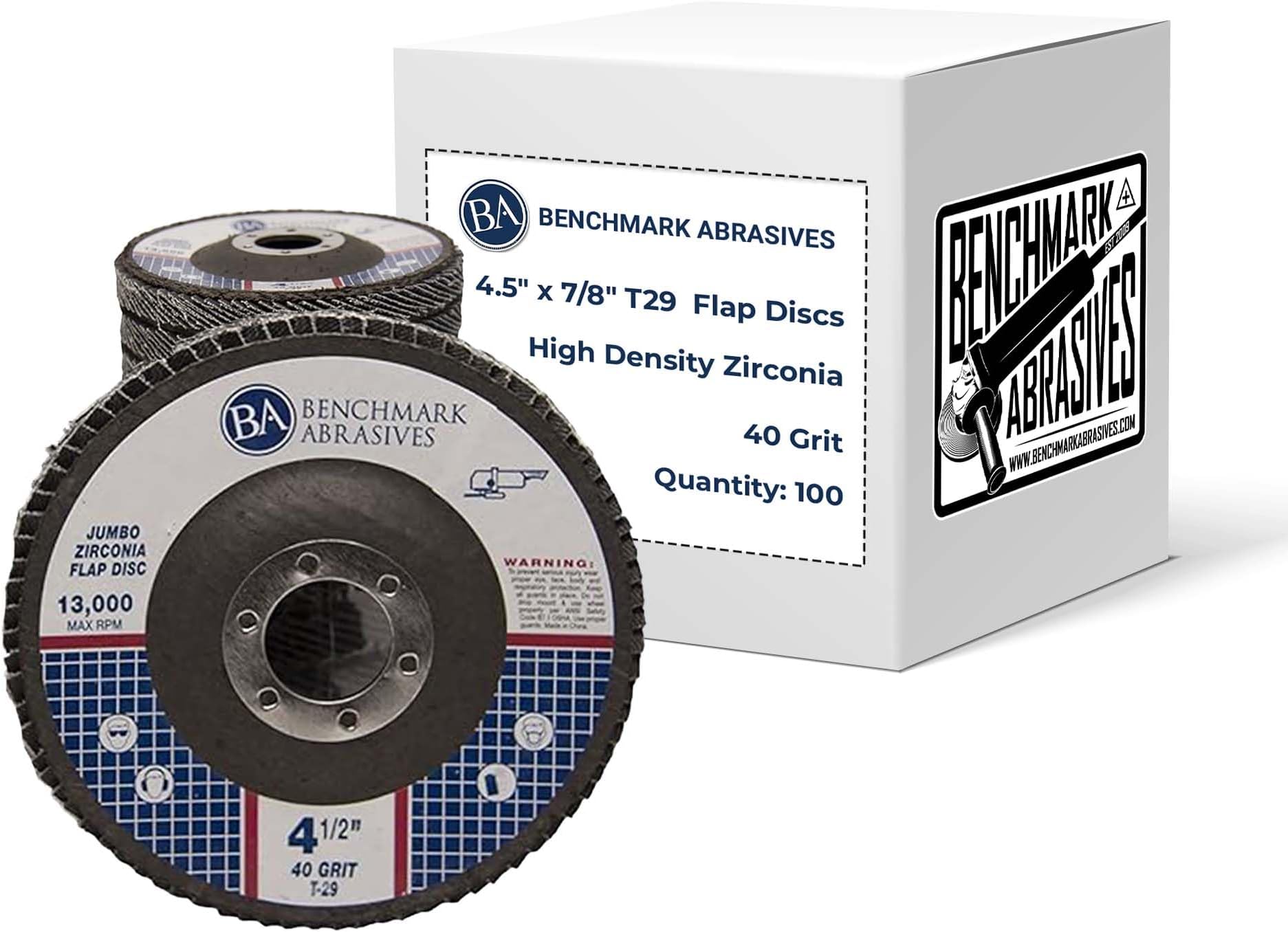 Benchmark 研磨剤 4-1/2インチ x 7/8インチ ジャンボジルコニア プレミアム高密度ジャンボジルコニアタイプ 29フラップディスク サンディング ストック 錆除去 仕上げ 研削 バリ取り (100枚パック) - 40グリット