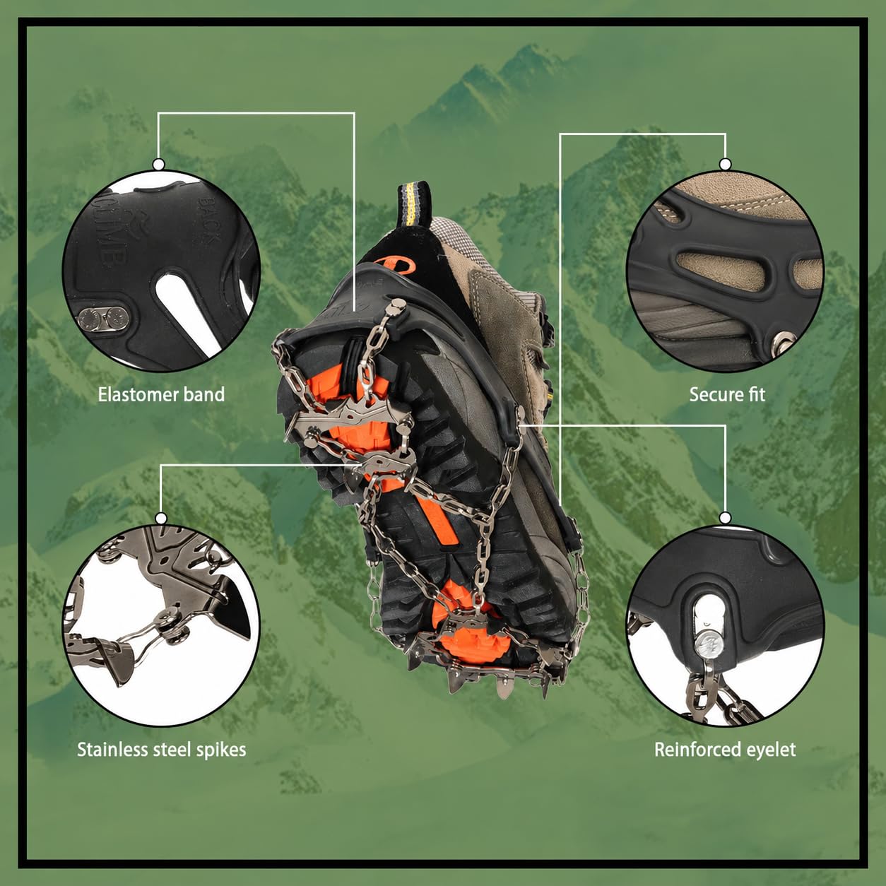 Pics de randonnée à crampons de neige résistants 14 pics avec crampons de neige pour marche, jogging, ou randonnée sur neige et glace Taille XL (homme 11-14)