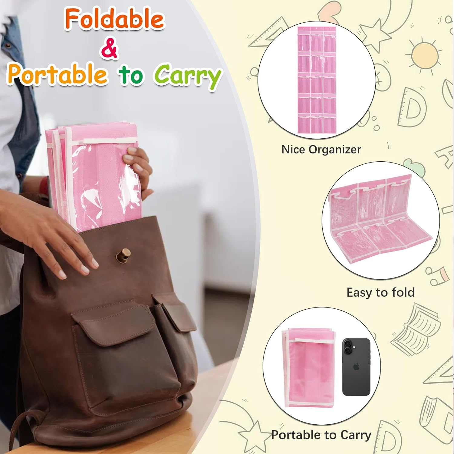 2 Pack Classroom Headphone Storage Organizer with 30 Pockets, PVC Clear Classroom Pocket Chart for Headphone Cell Phone Over-the-Door Hanging Headphone Holder Bag with 62 Labels(Pink)