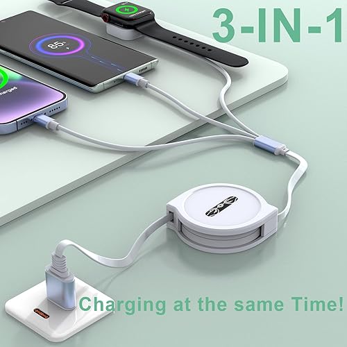 Miniatura 2 de Multi 3 en 1 retráctil universal teléfono cable de carga + cable de cargador de Apple Watch, USB A a Lightning+Tipo C+cargador iWatch para iWatch