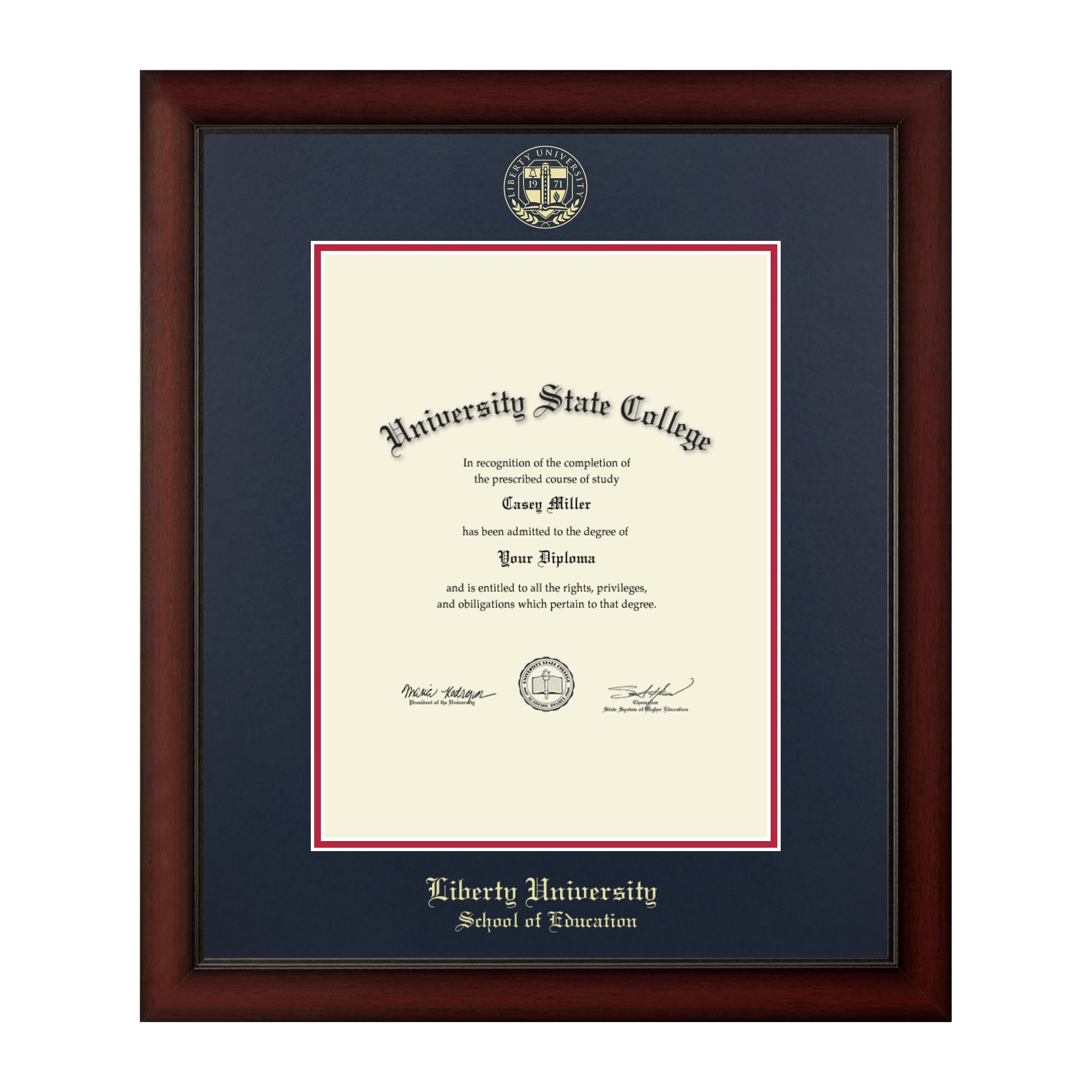 Framerly - Liberty University School of Education 13" w x 17" h Diploma Frame - Fits a master's and phd - Gold Embossed Diploma Frame - Cherry