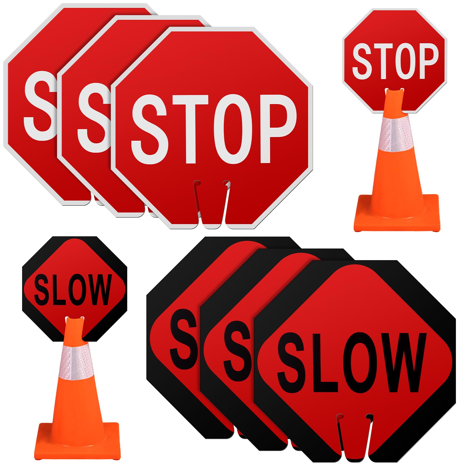 Geetery 6 Pcs 12 x 12 Inches Traffic Cone Top Sign Include 3 Pcs Stop Signs and 3 Pcs Slow Signs PVC Traffic Warning Signs Double Sided Traffic Cone Sign for Street Road Barricade Construction