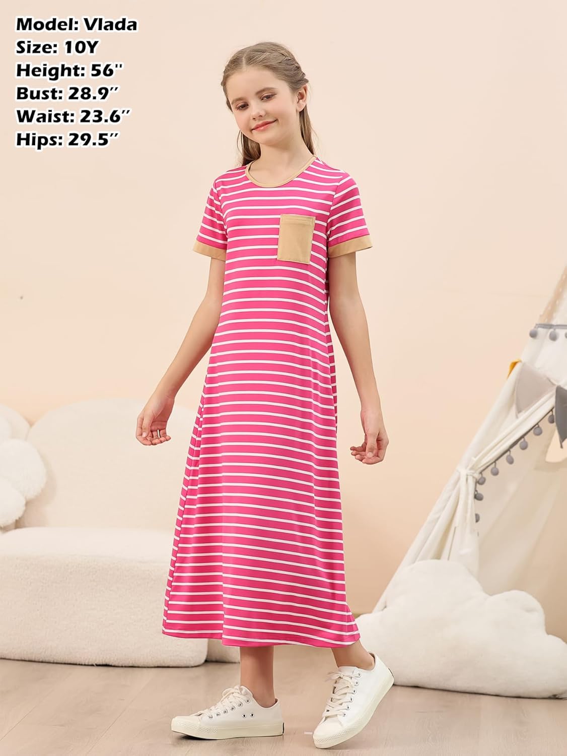 GORLYA Girls Contrast Striped Loose Casual Long Shift Swing Patch Pocket T-Shirt Maxi Dress 6-14Y - Image 5