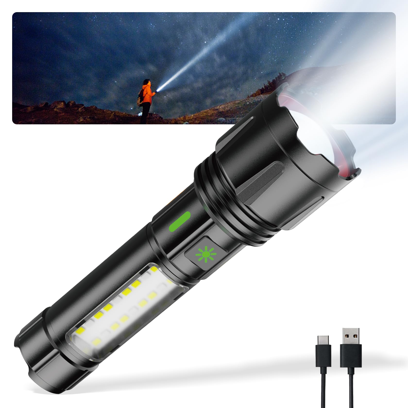ALSTU High Brightness Rechargeable LED Flashlight:300,000 Lumens, Powerful Tactical Flashlights, 7 Modes With COB Light, IPX6 Waterproof For Camping, Emergency Situations - View #7
