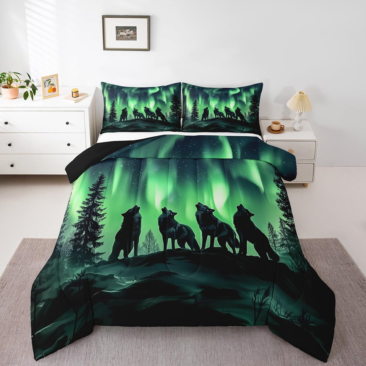 Erosebridal Aurora Bedding Set Twin Size,Hunting Wolf Wildlife Comforter Set for Kids Boys Men,Northern Lights Bed Comforter Sets Forest Pine Tree